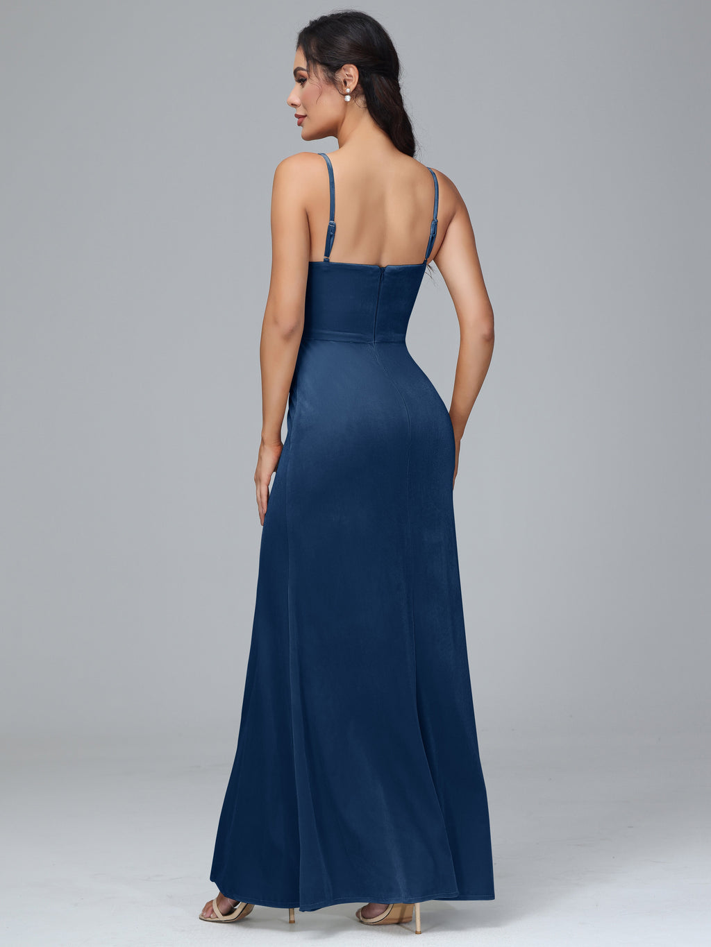 Spaghetti Straps Zipper Back Plus Size Velvet Bridesmaid Dress With Slit