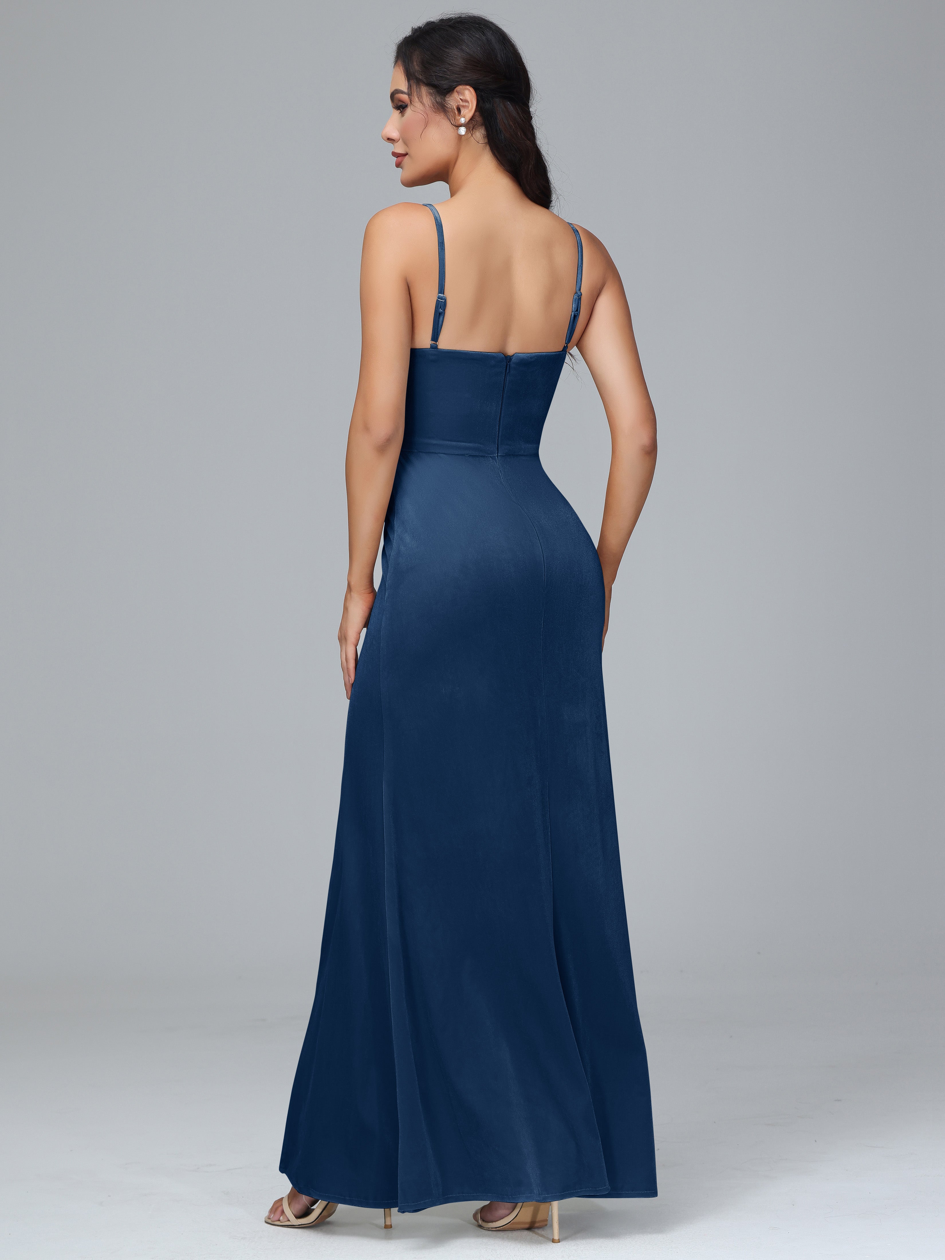 Spaghetti Straps Zipper Back Plus Size Velvet Bridesmaid Dress With Slit