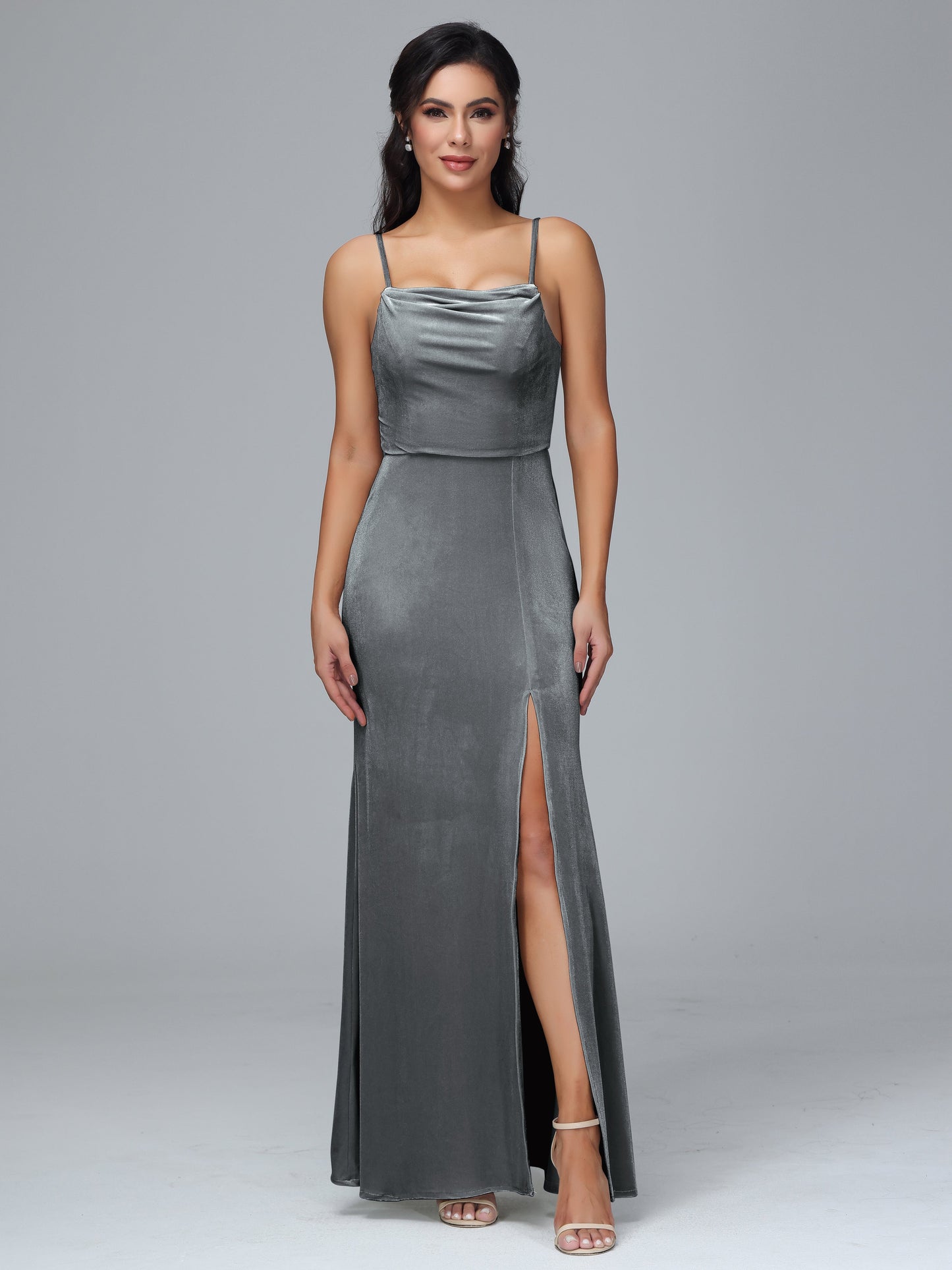 Spaghetti Straps Zipper Back Velvet Bridesmaid Dress With Slit