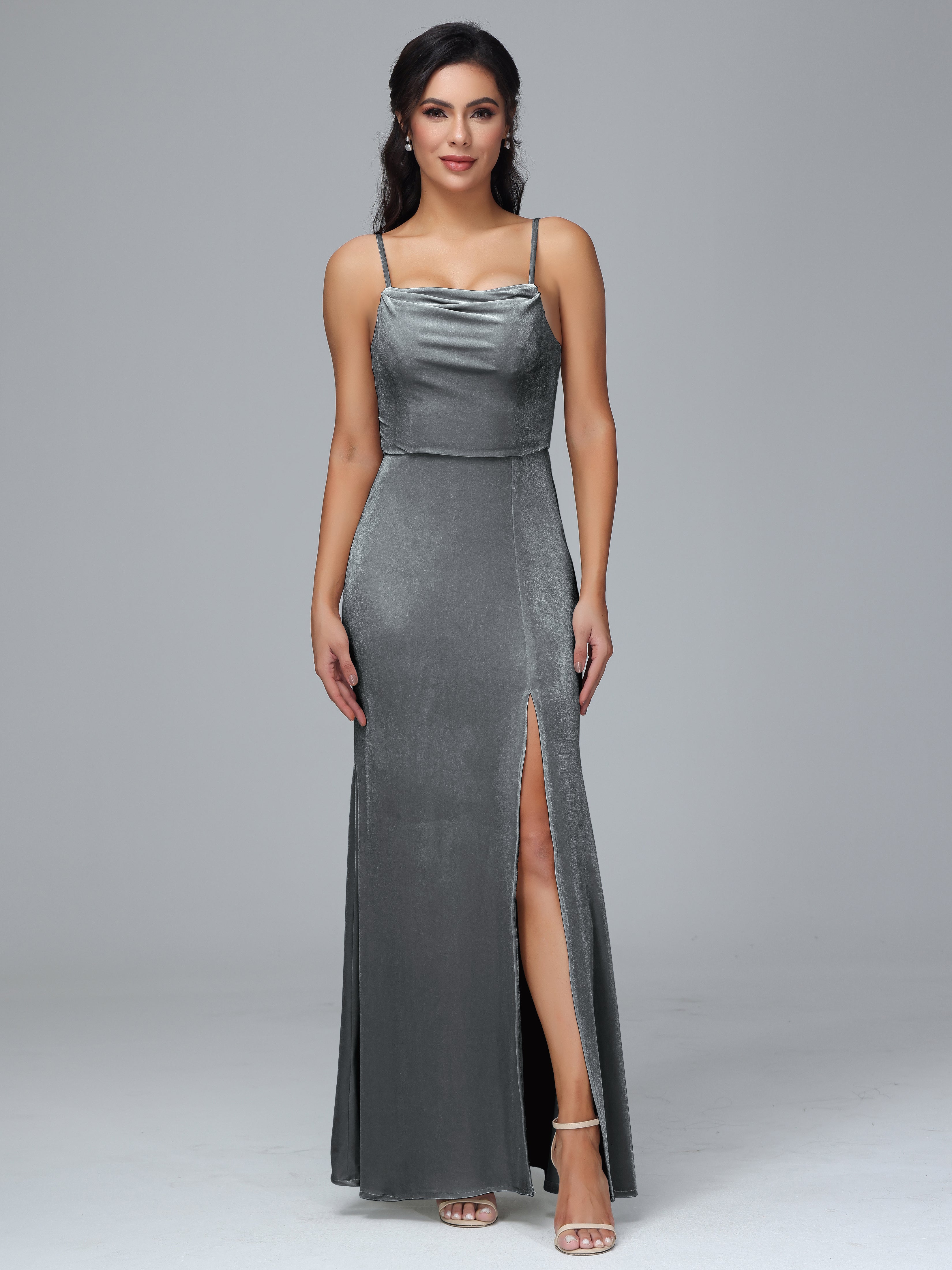 Spaghetti Straps Zipper Back Velvet Bridesmaid Dress With Slit
