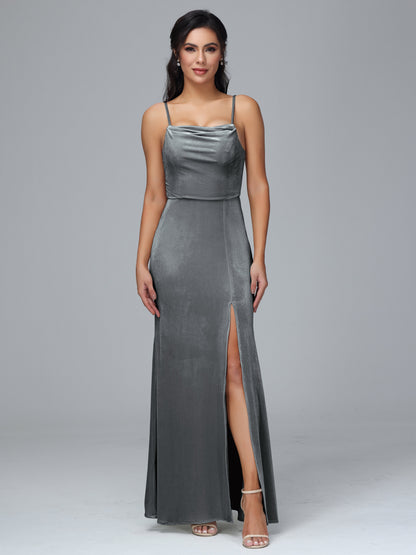 Spaghetti Straps Zipper Back Velvet Bridesmaid Dress With Slit