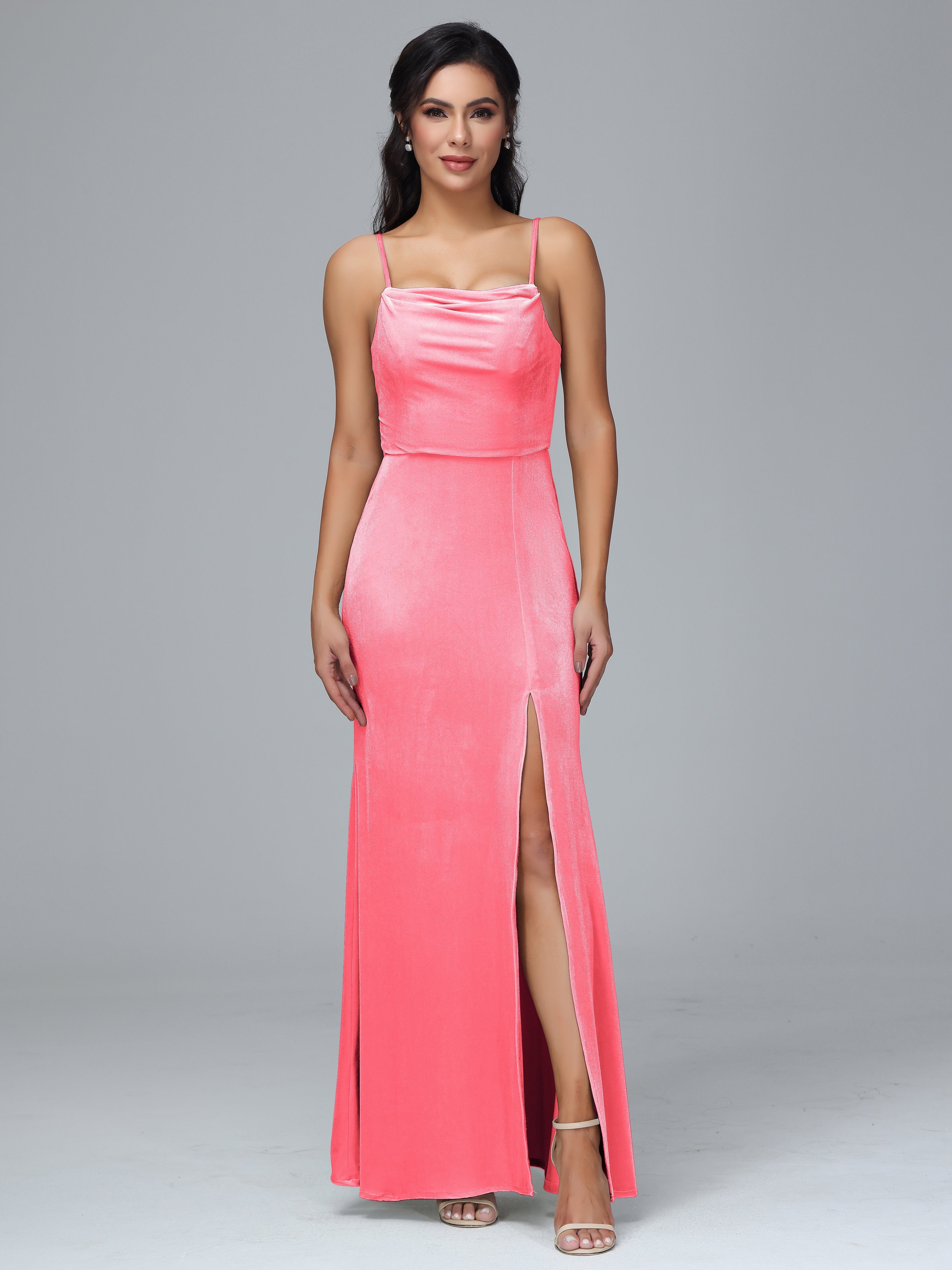 Spaghetti Straps Zipper Back Plus Size Velvet Bridesmaid Dress With Slit