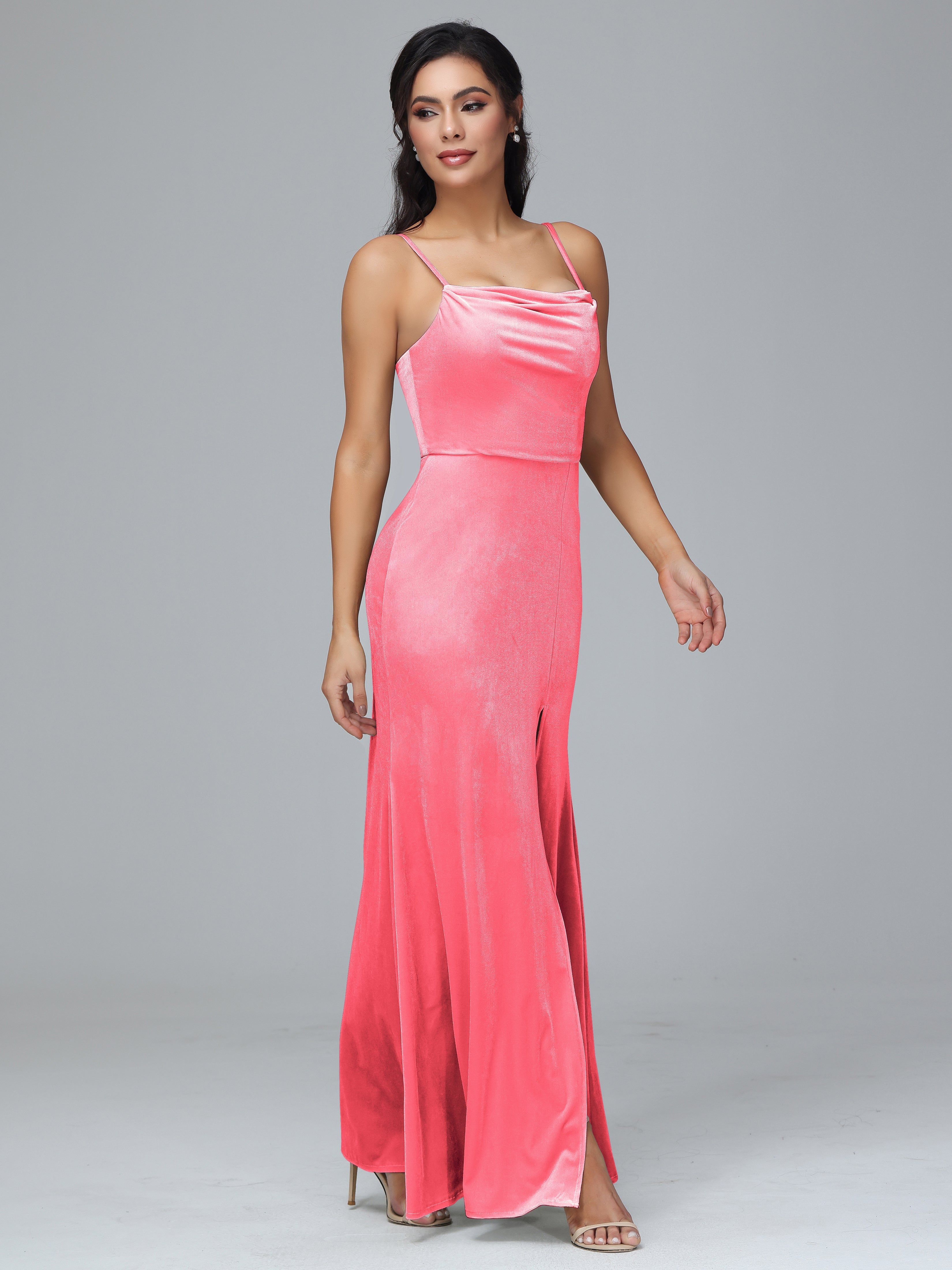 Spaghetti Straps Zipper Back Plus Size Velvet Bridesmaid Dress With Slit