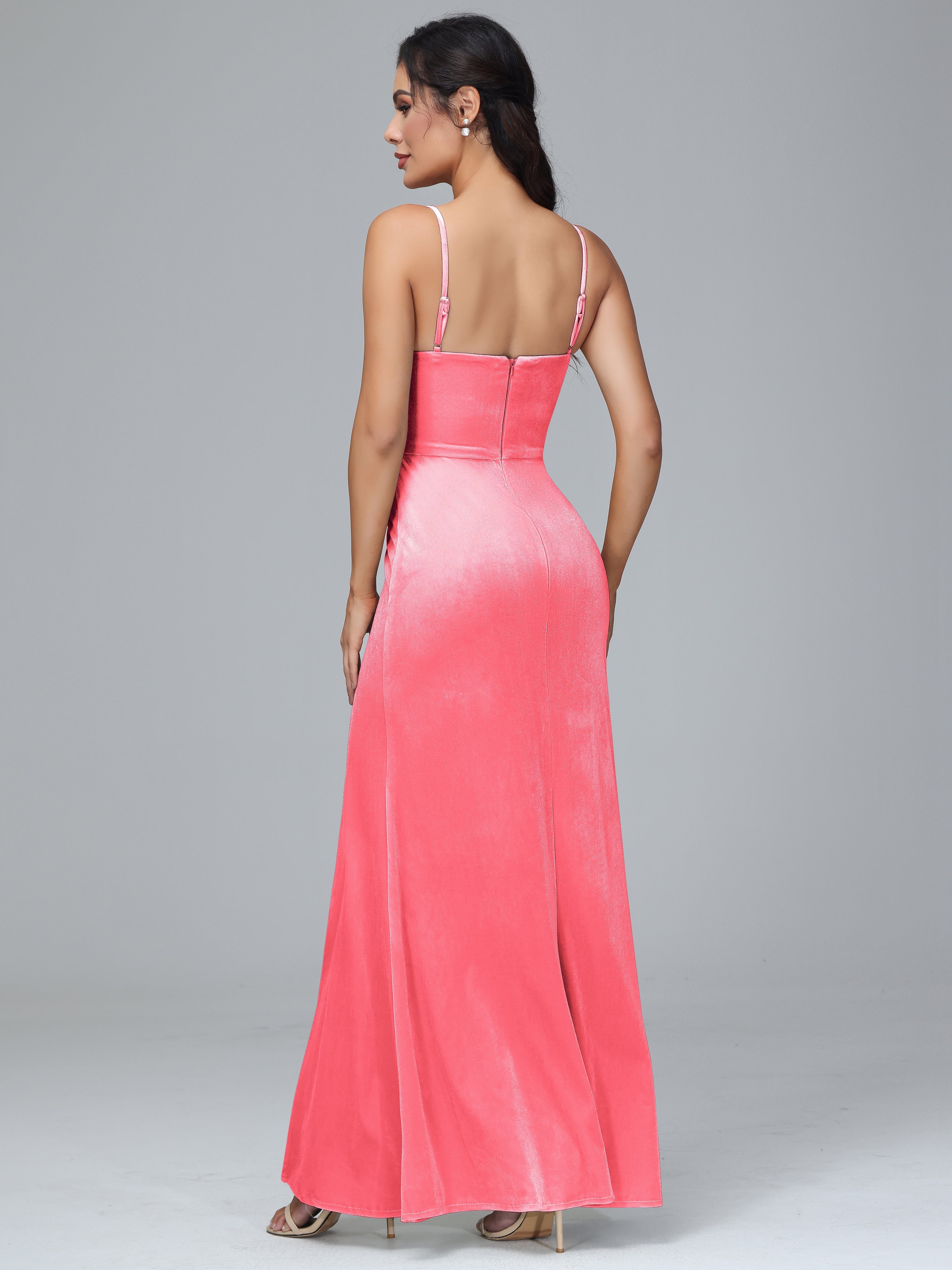 Spaghetti Straps Zipper Back Plus Size Velvet Bridesmaid Dress With Slit