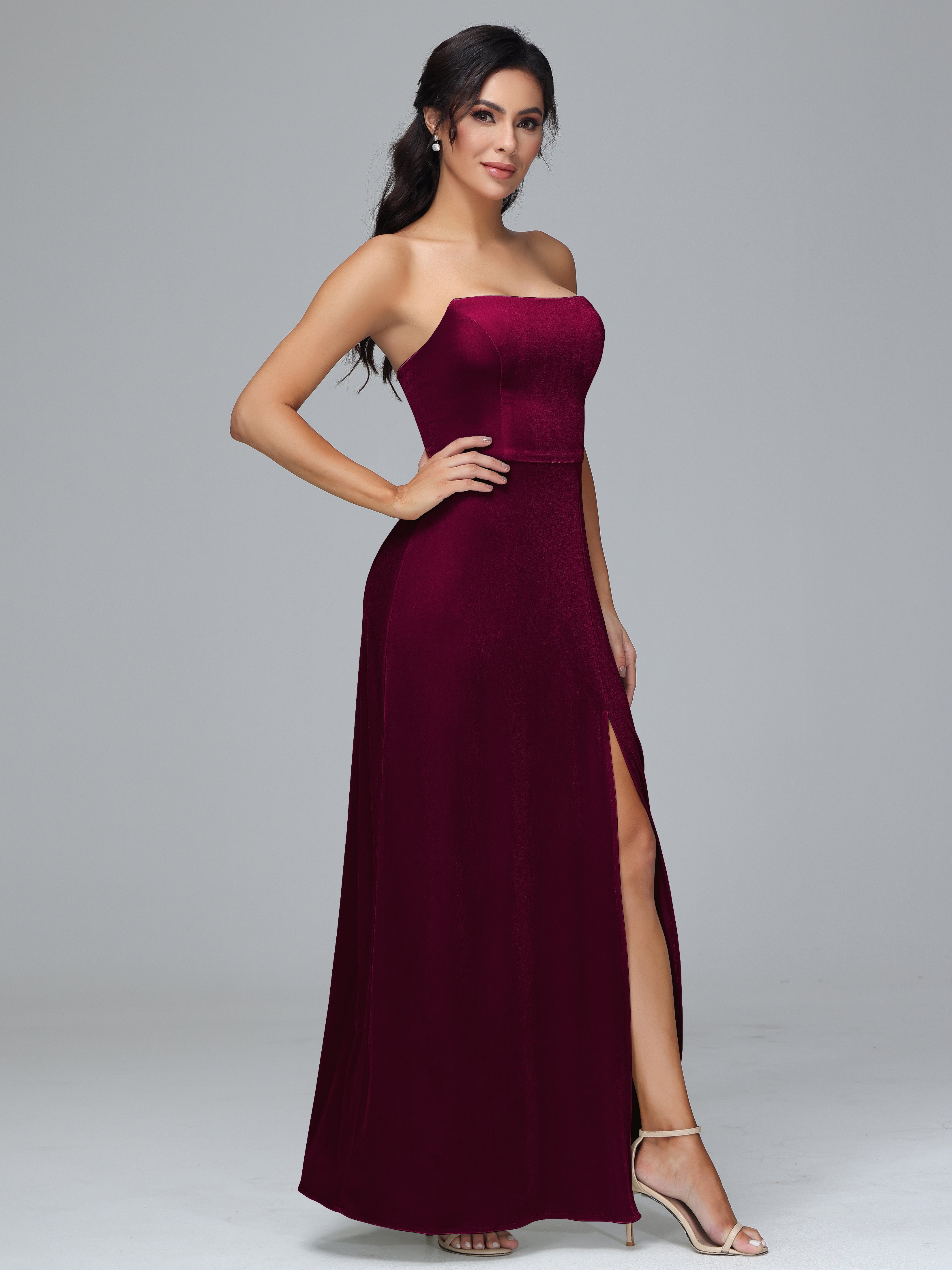 Strapless Velvet Bridesmaid Dress With Slit