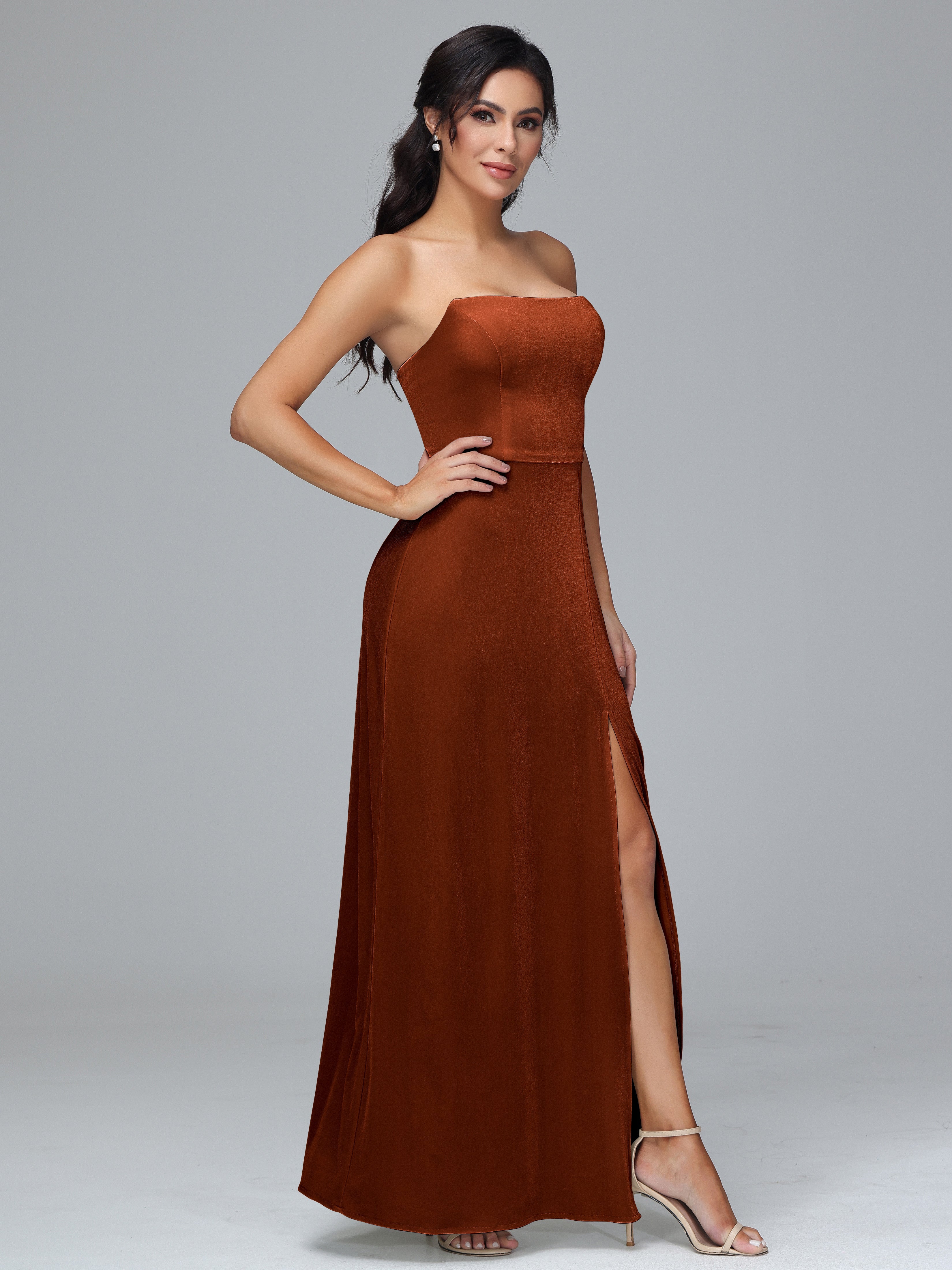 Strapless Velvet Bridesmaid Dress With Slit