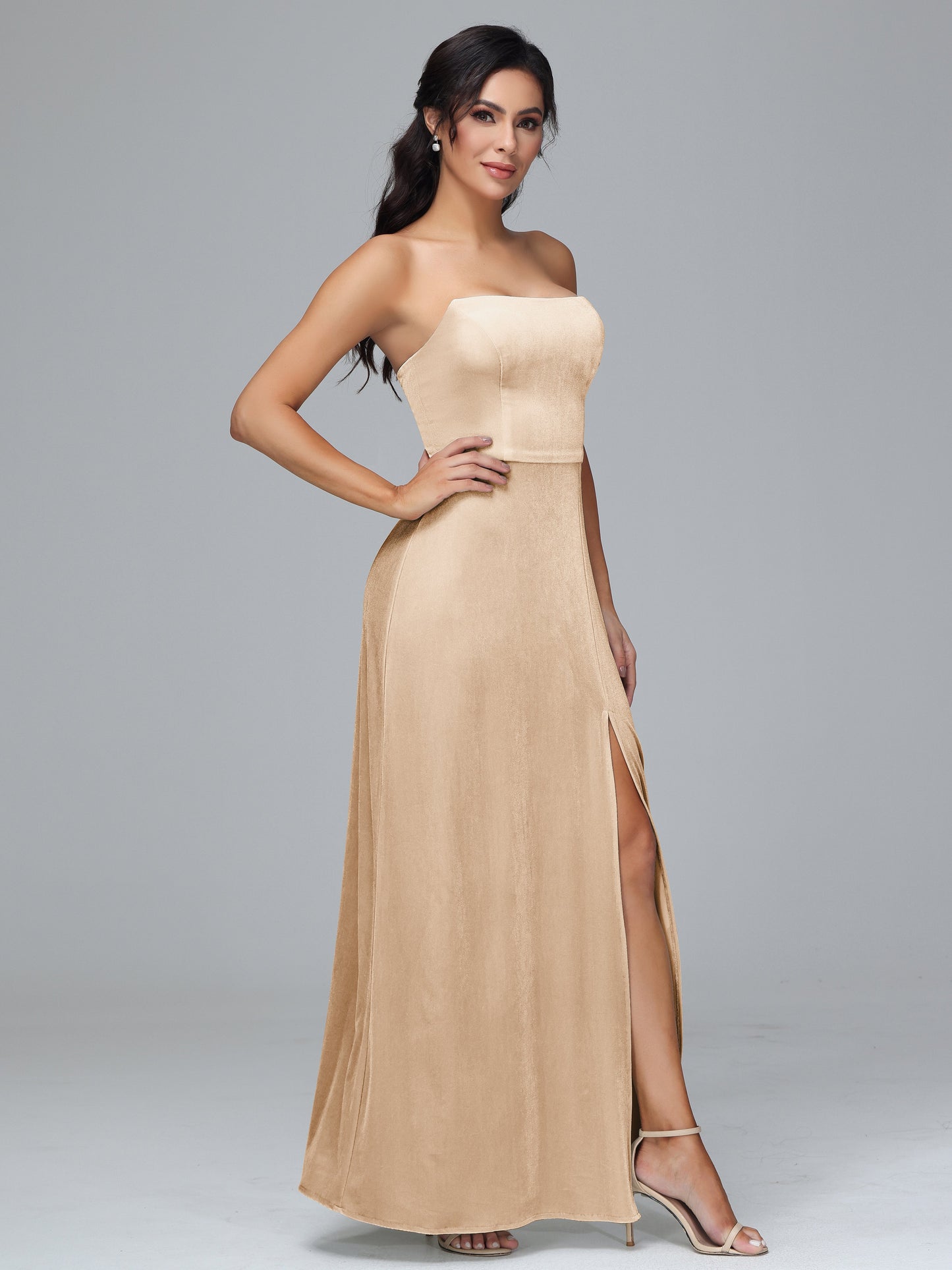 Strapless Velvet Bridesmaid Dress With Slit