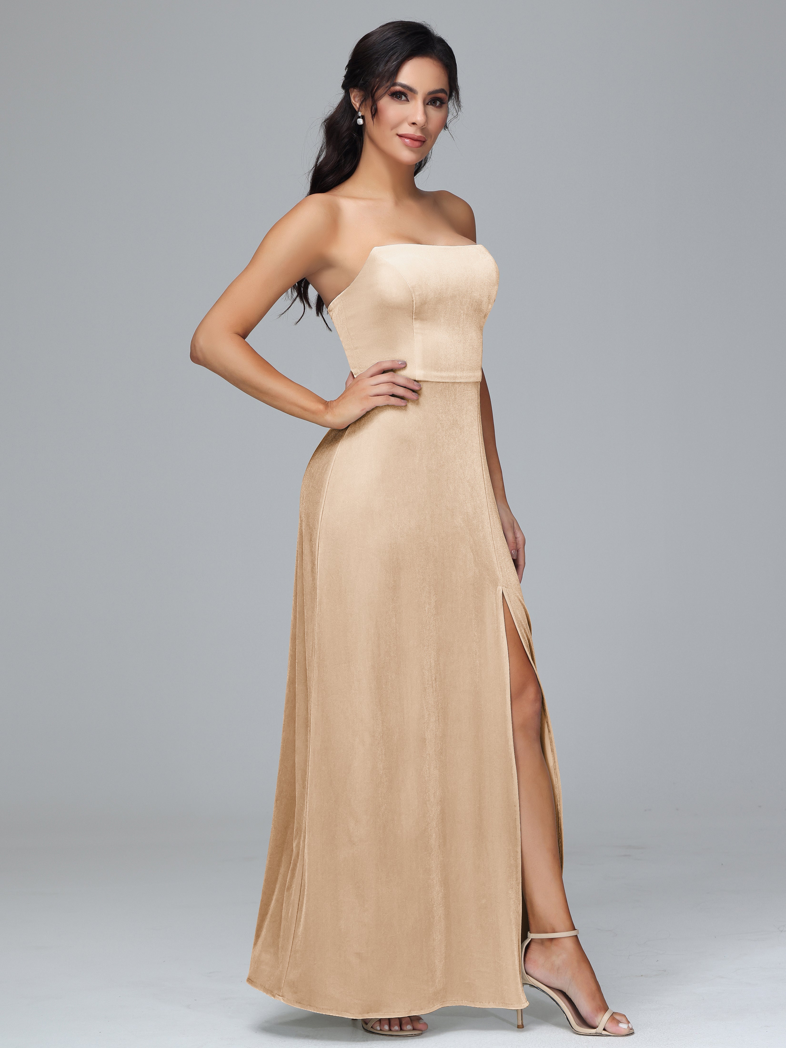 Strapless Velvet Bridesmaid Dress With Slit