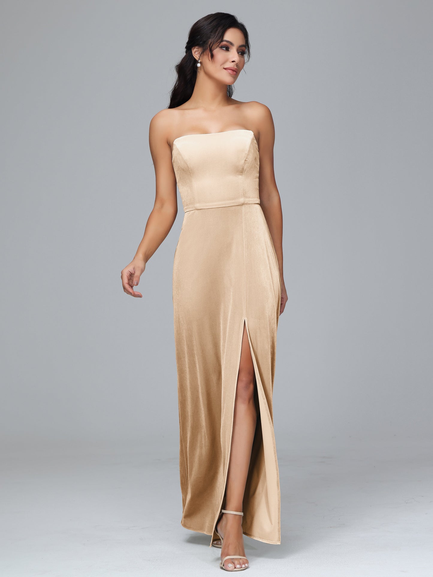 Strapless Velvet Bridesmaid Dress With Slit