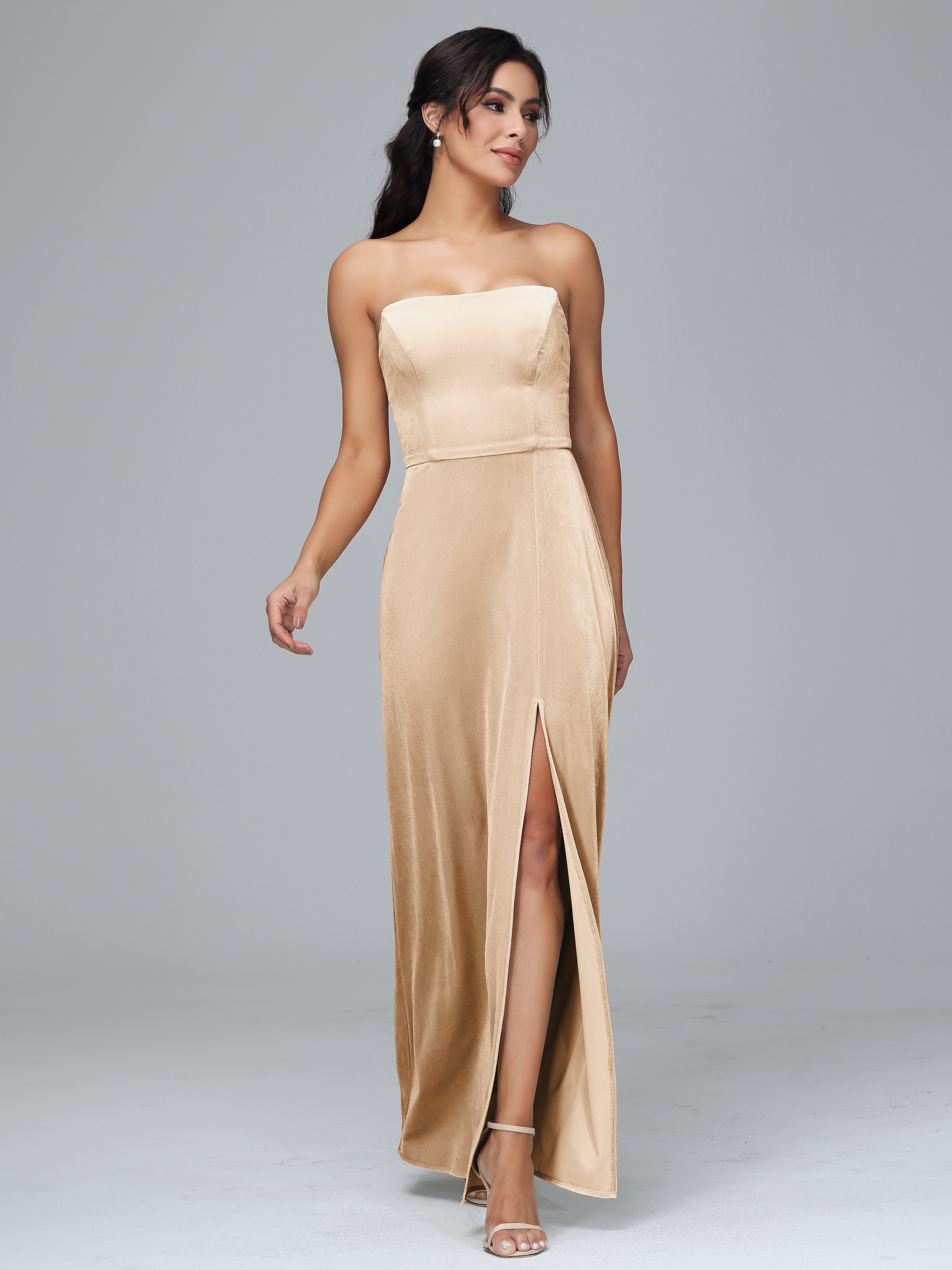 Strapless Velvet Bridesmaid Dress With Slit
