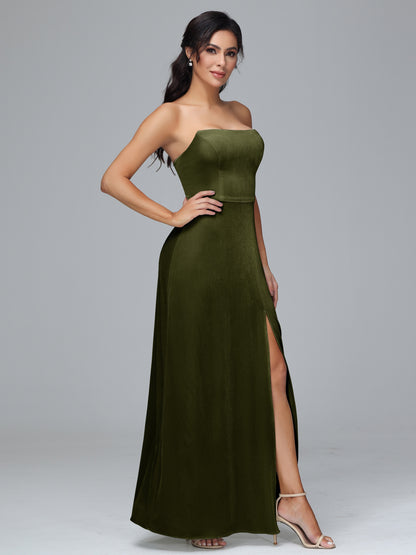 Strapless Velvet Bridesmaid Dress With Slit