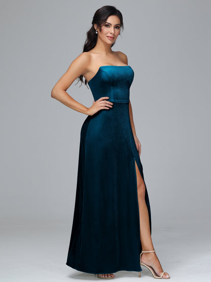 Strapless Velvet Bridesmaid Dress With Slit