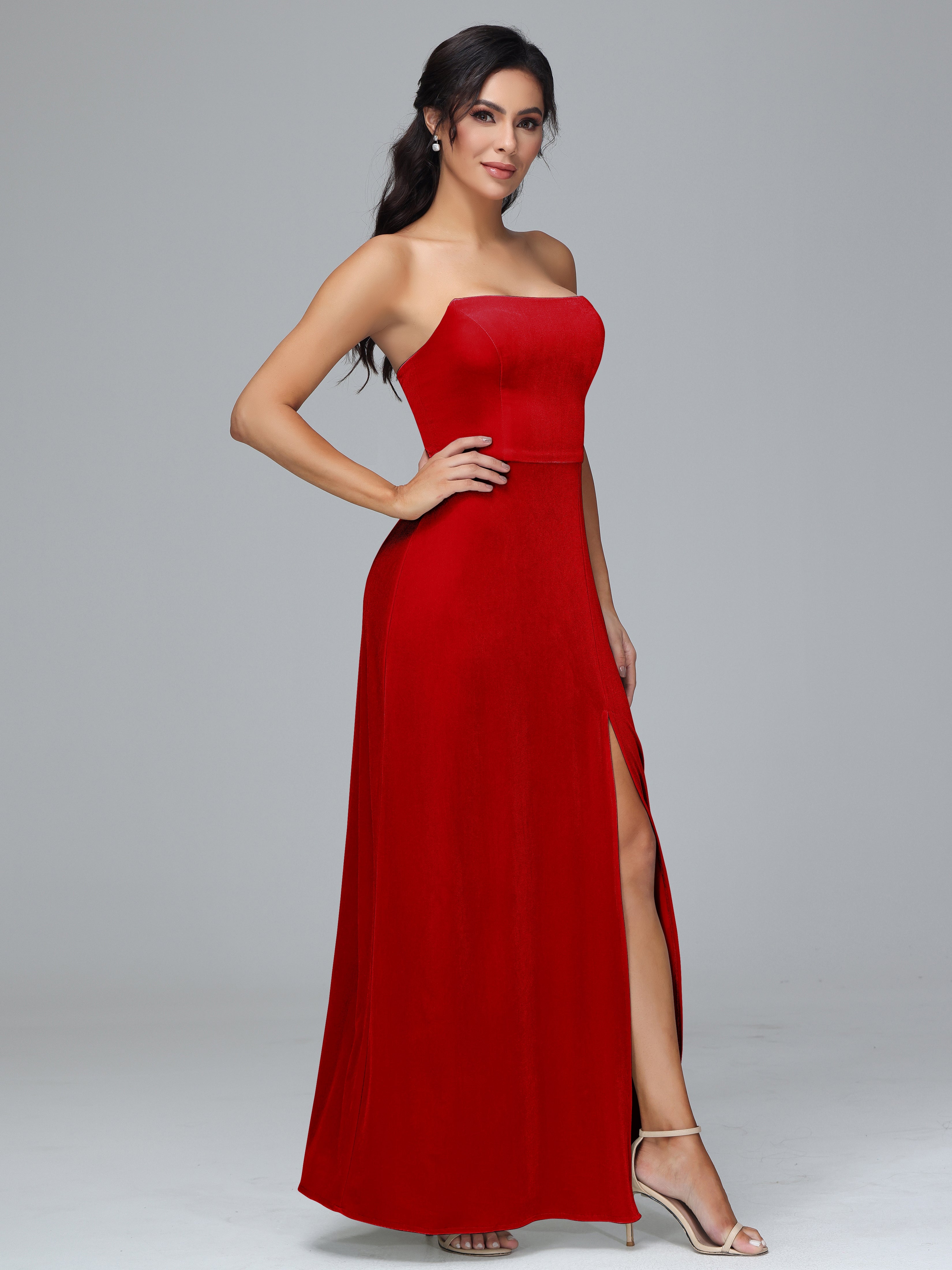 Strapless Velvet Bridesmaid Dress With Slit