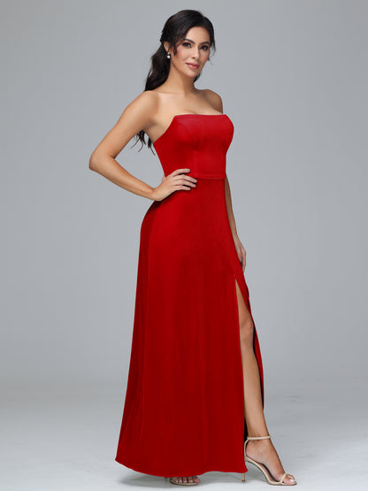 Strapless Velvet Bridesmaid Dress With Slit