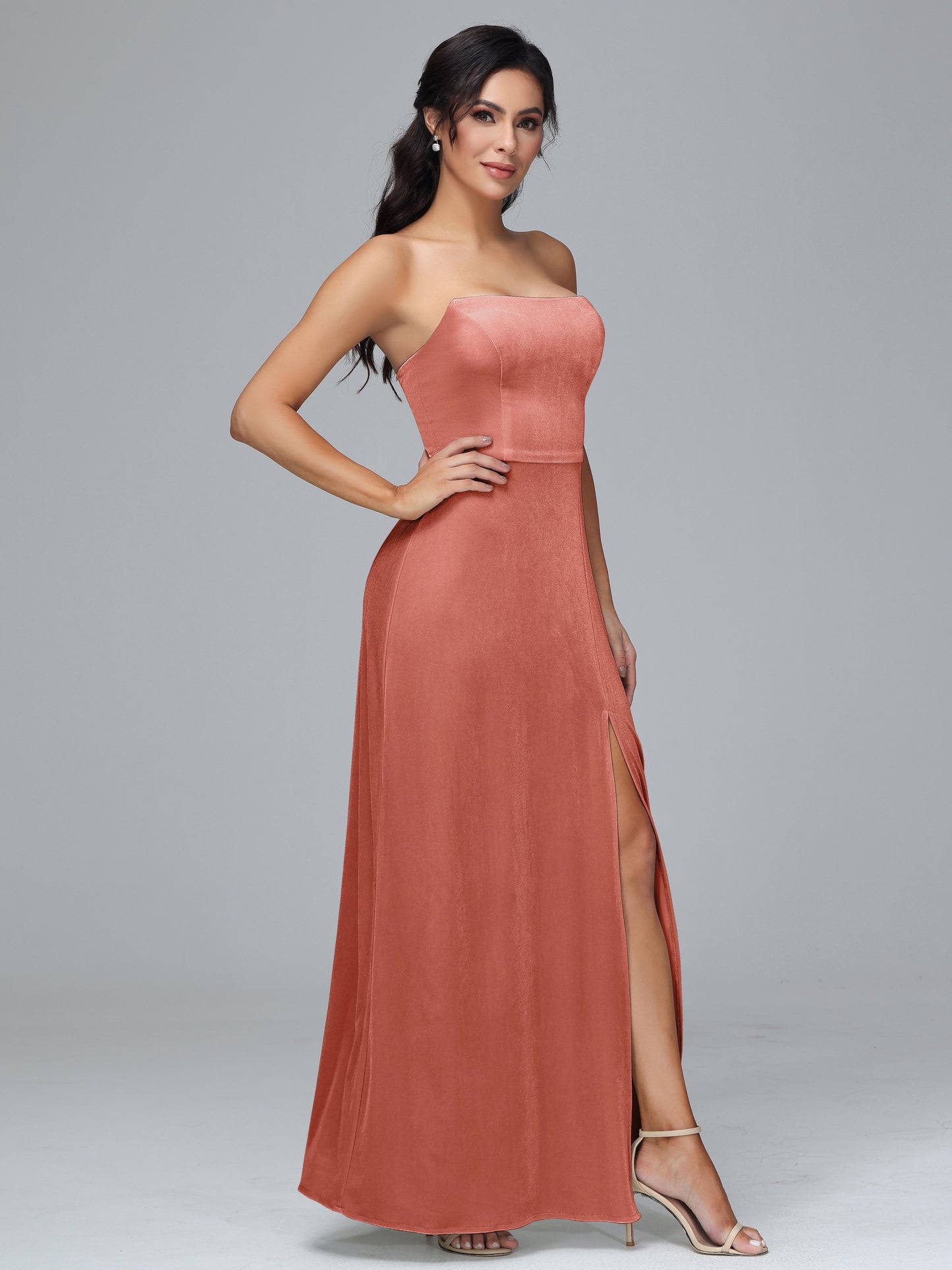 Strapless Velvet Bridesmaid Dress With Slit