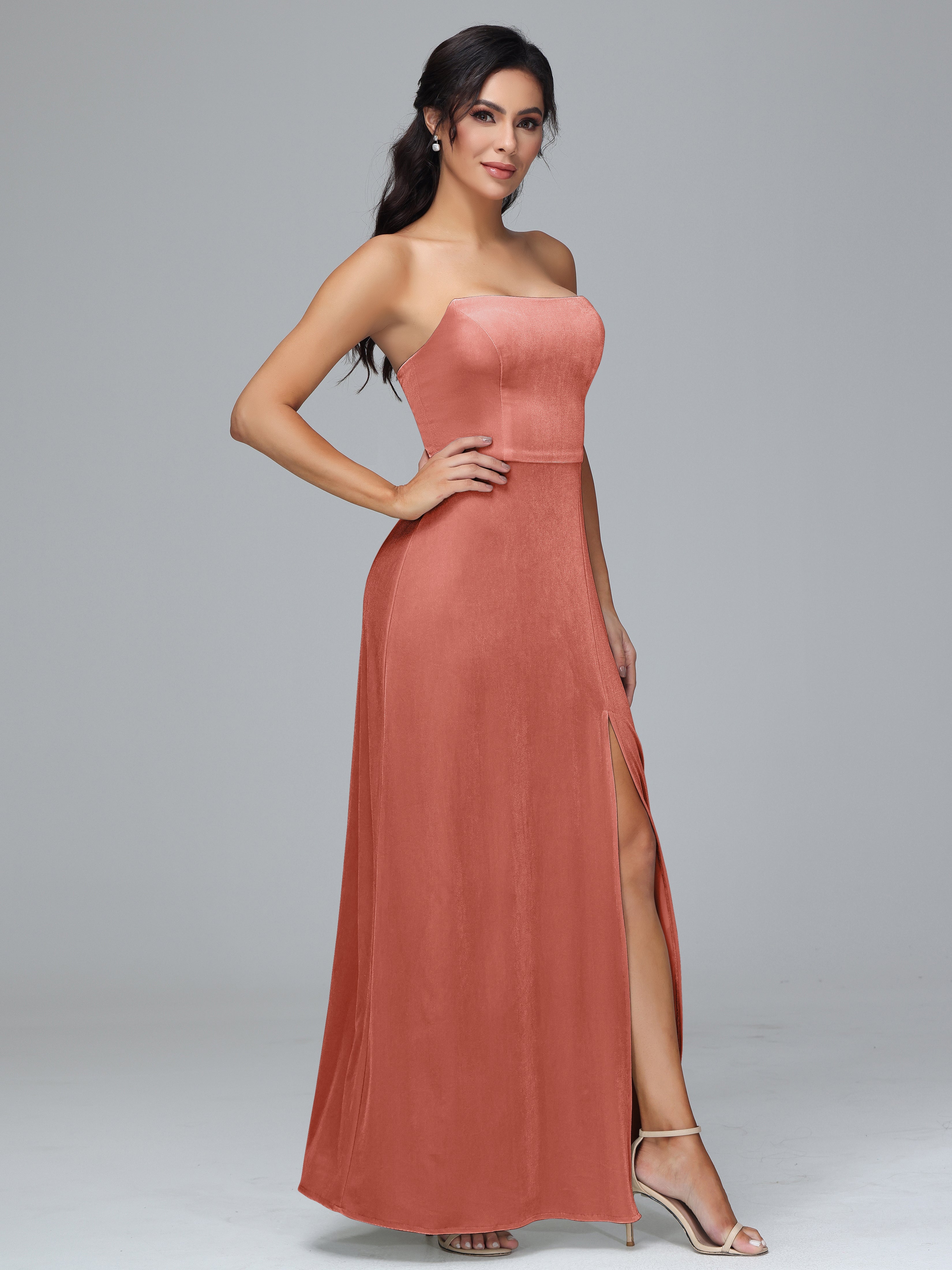 Strapless Velvet Bridesmaid Dress With Slit