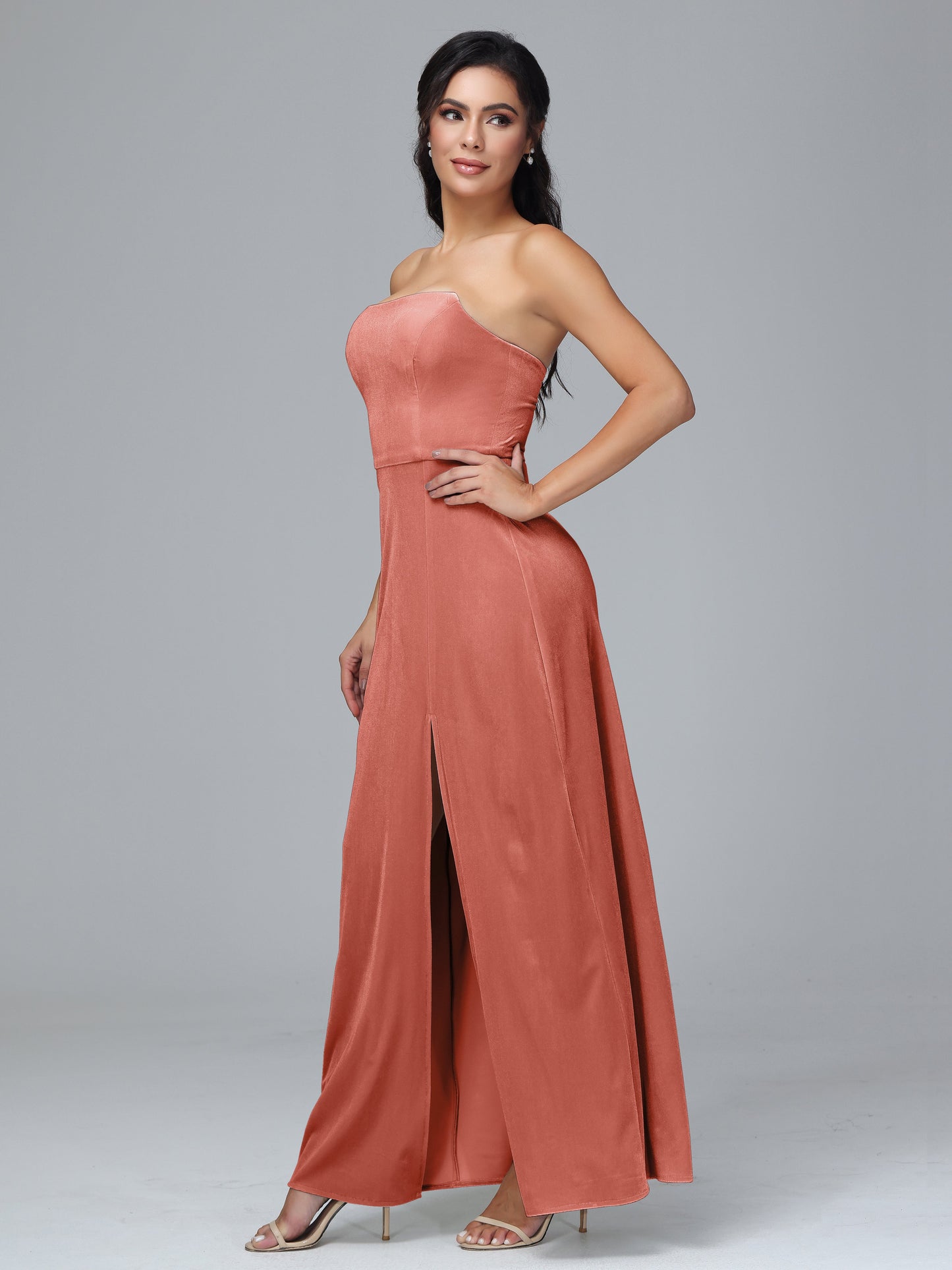 Strapless Velvet Bridesmaid Dress With Slit