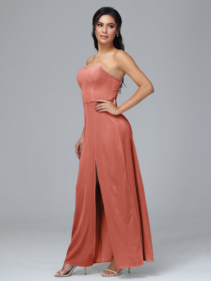 Strapless Velvet Bridesmaid Dress With Slit