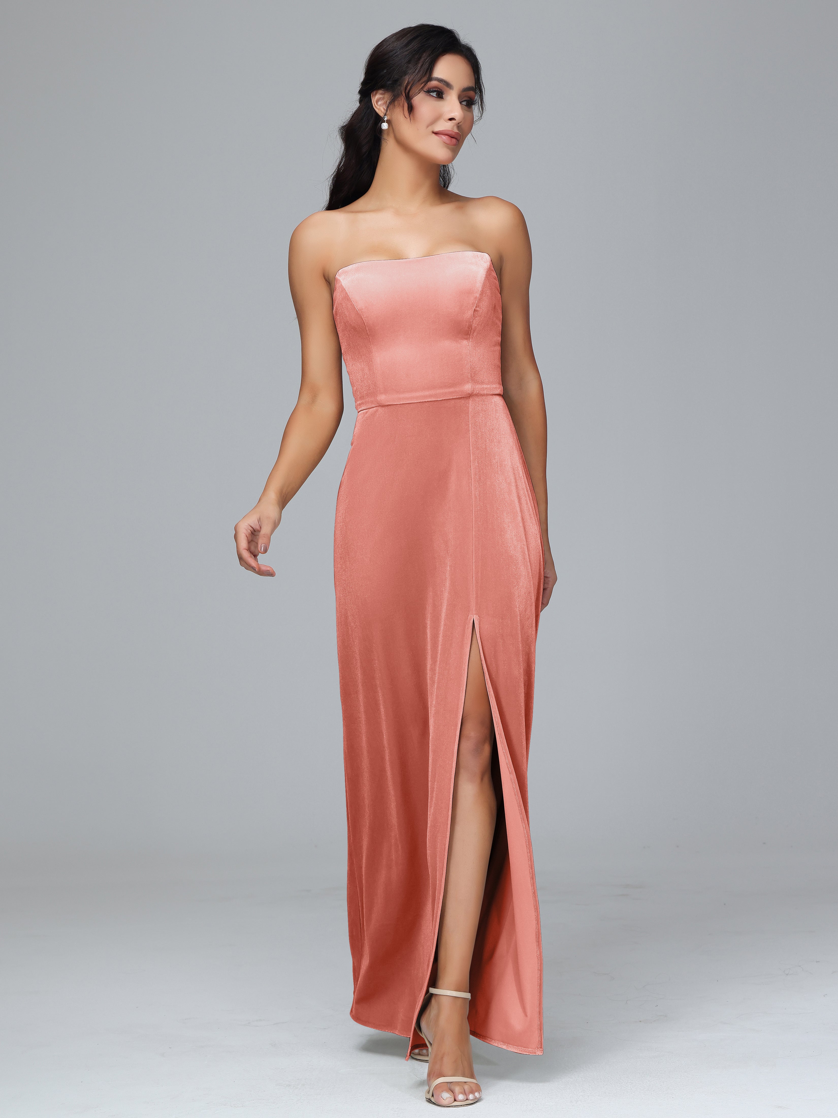 Strapless Velvet Bridesmaid Dress With Slit