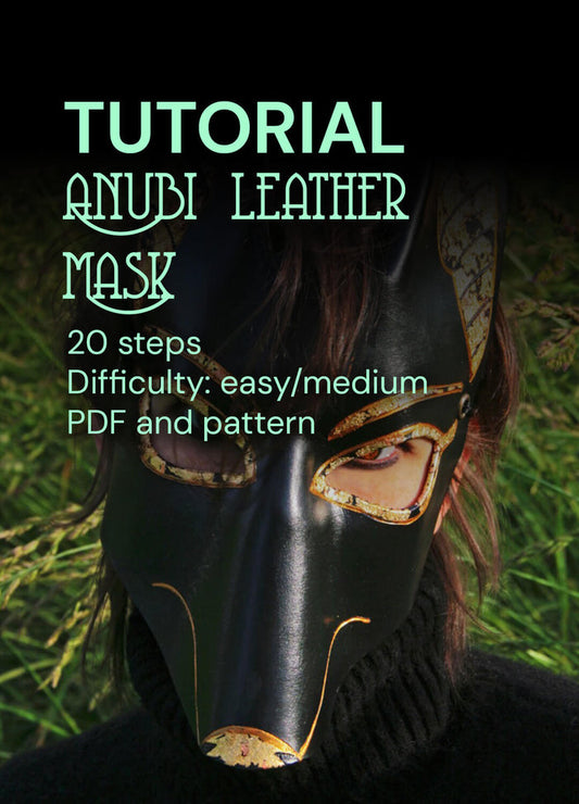 Step-by-step instructions for creating a DIY Anubis leather mask, showing the process of cutting and shaping the leather.