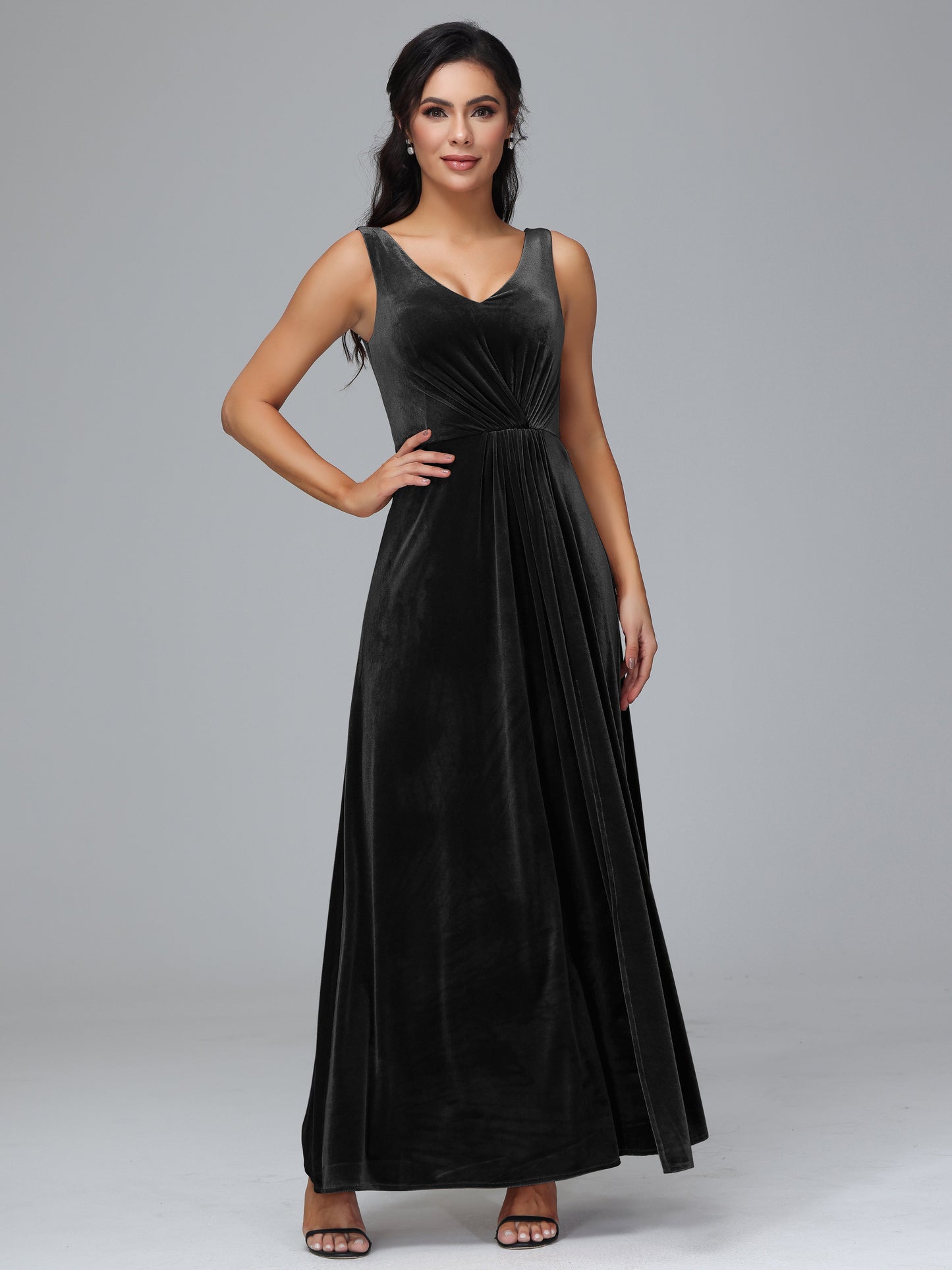 V Neck A Line Velvet Bridesmaid Dress With Slit