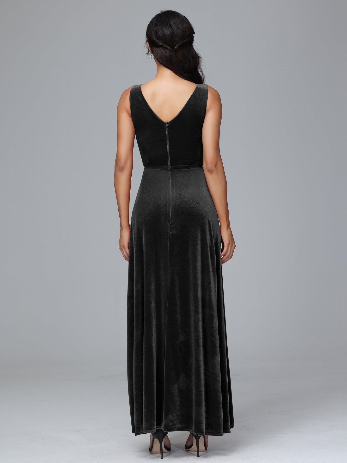 V Neck A Line Velvet Bridesmaid Dress With Slit