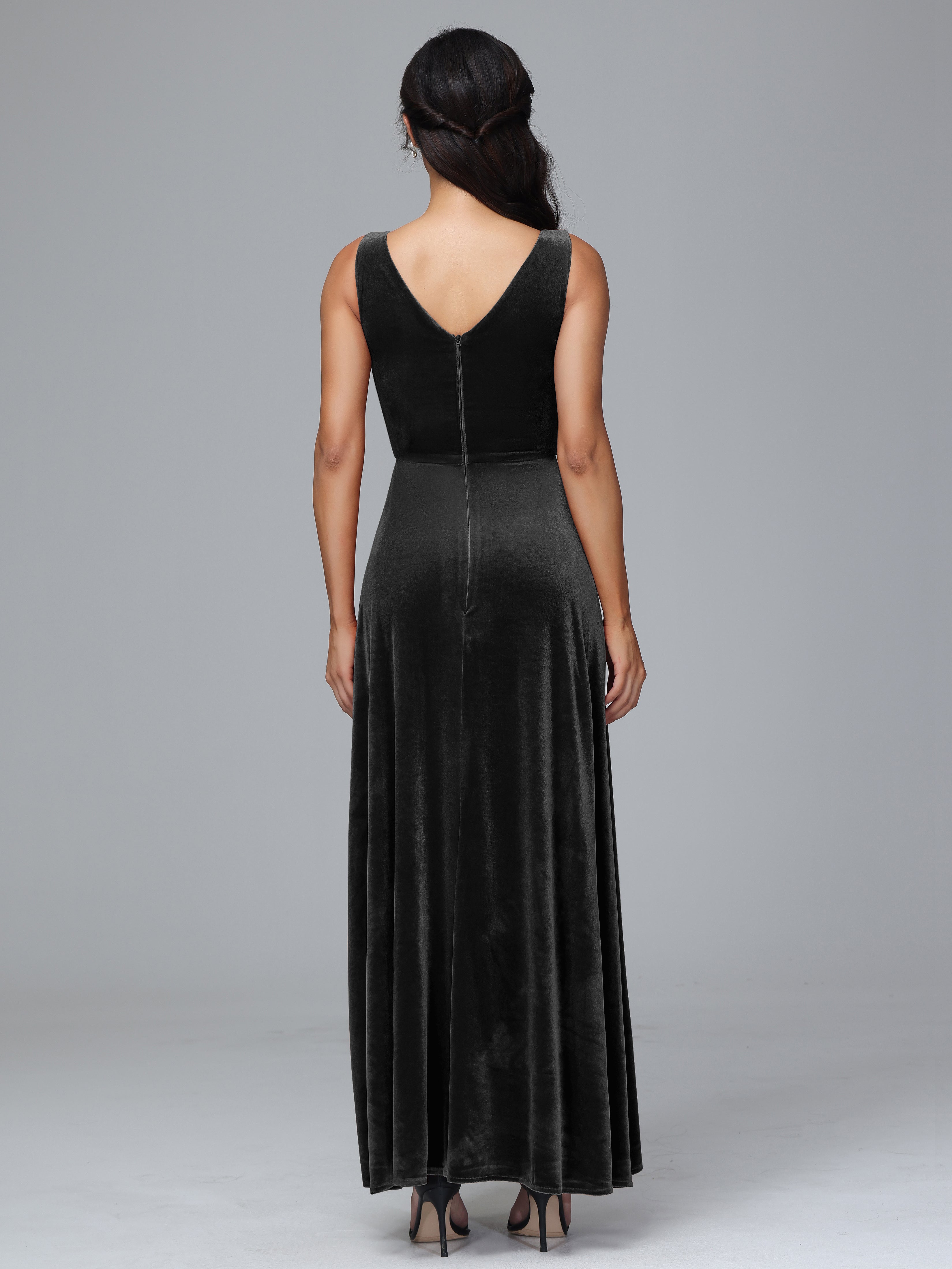 V Neck A Line Velvet Bridesmaid Dress With Slit