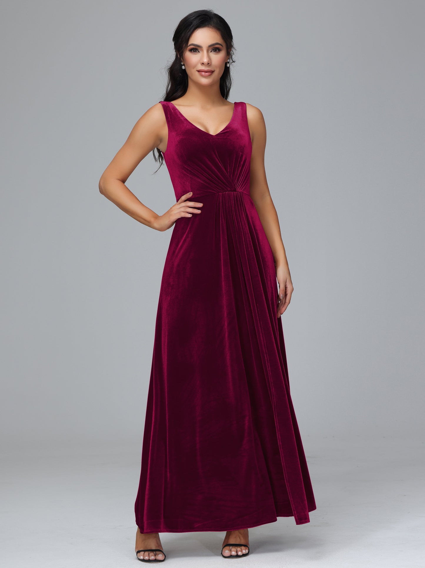 V Neck A Line Velvet Bridesmaid Dress With Slit