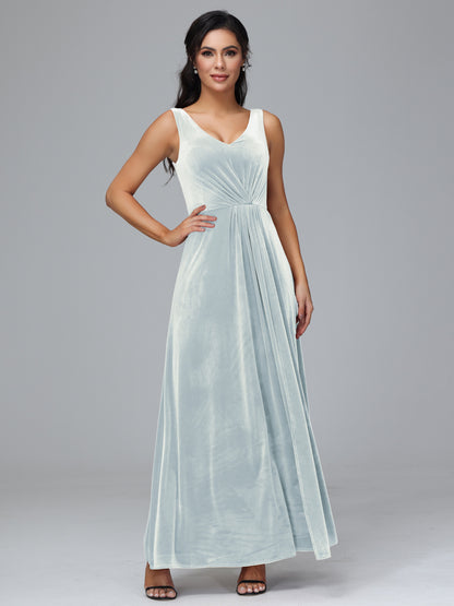 V Neck A Line Velvet Bridesmaid Dress With Slit