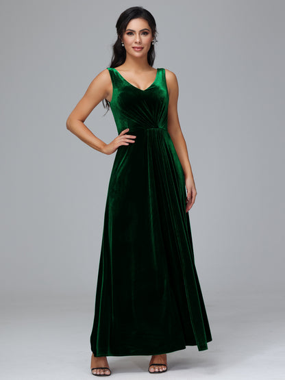 V Neck A Line Velvet Bridesmaid Dress With Slit