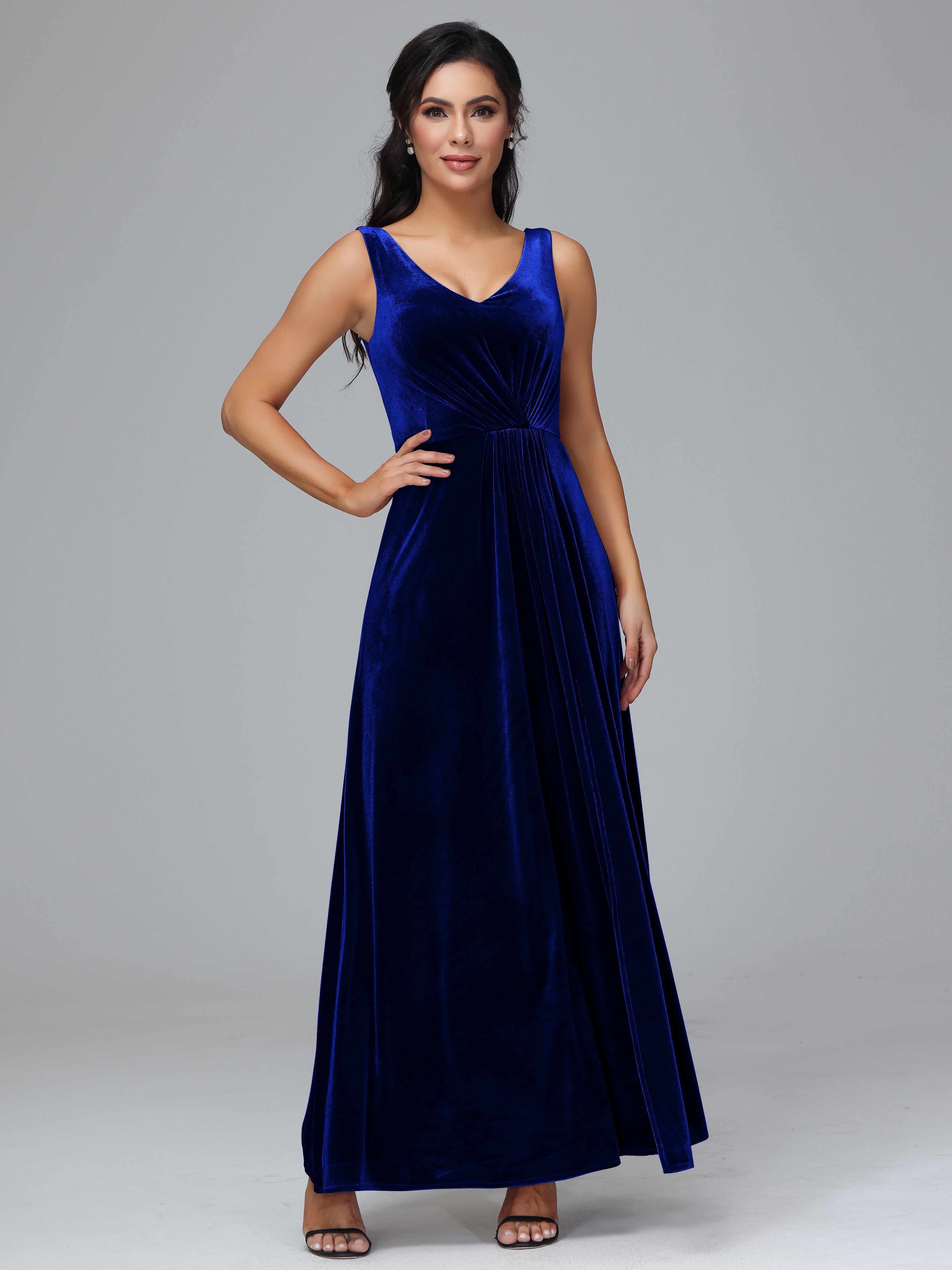 V Neck A Line Velvet Bridesmaid Dress With Slit