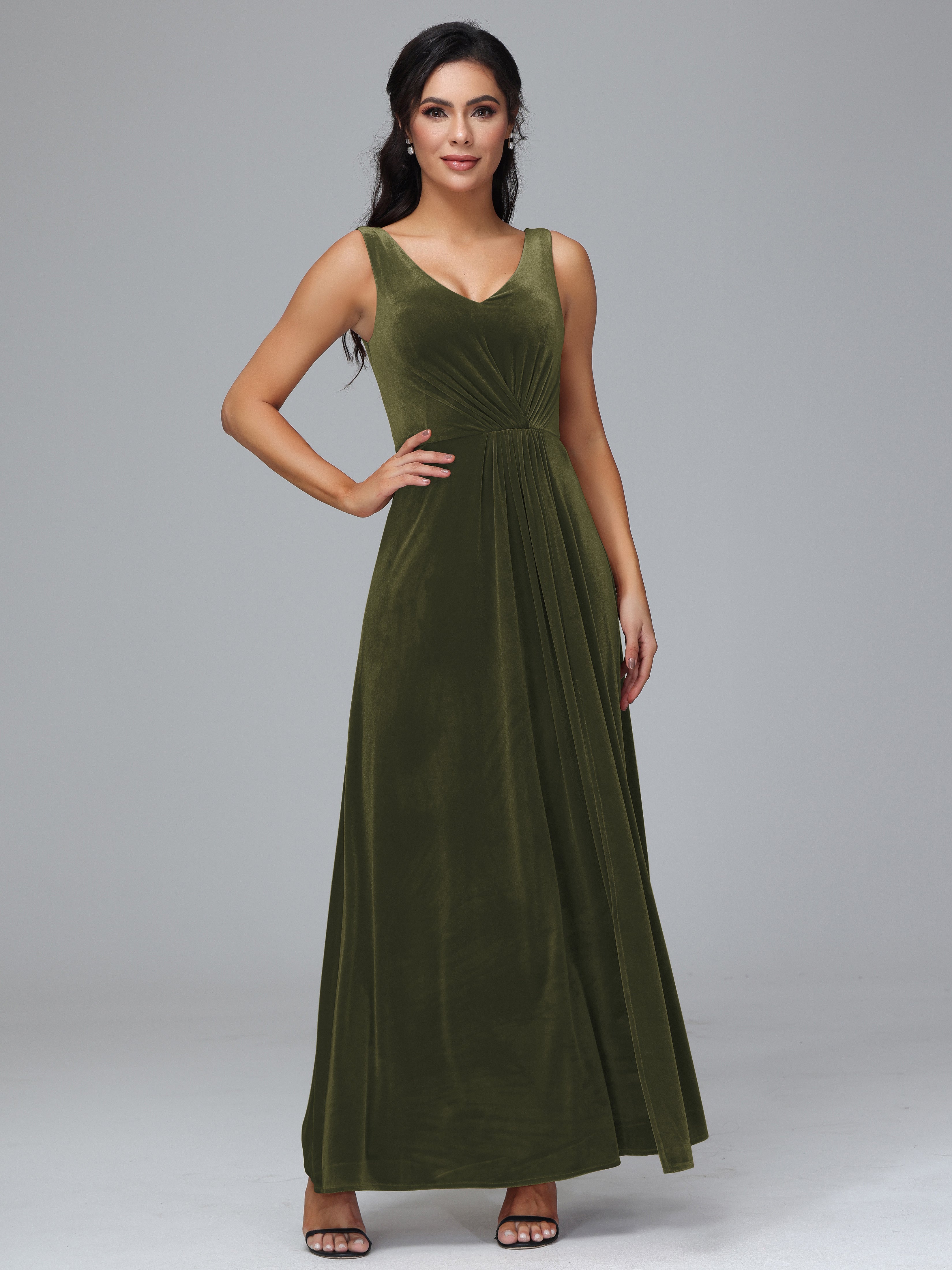 V Neck A Line Velvet Bridesmaid Dress With Slit
