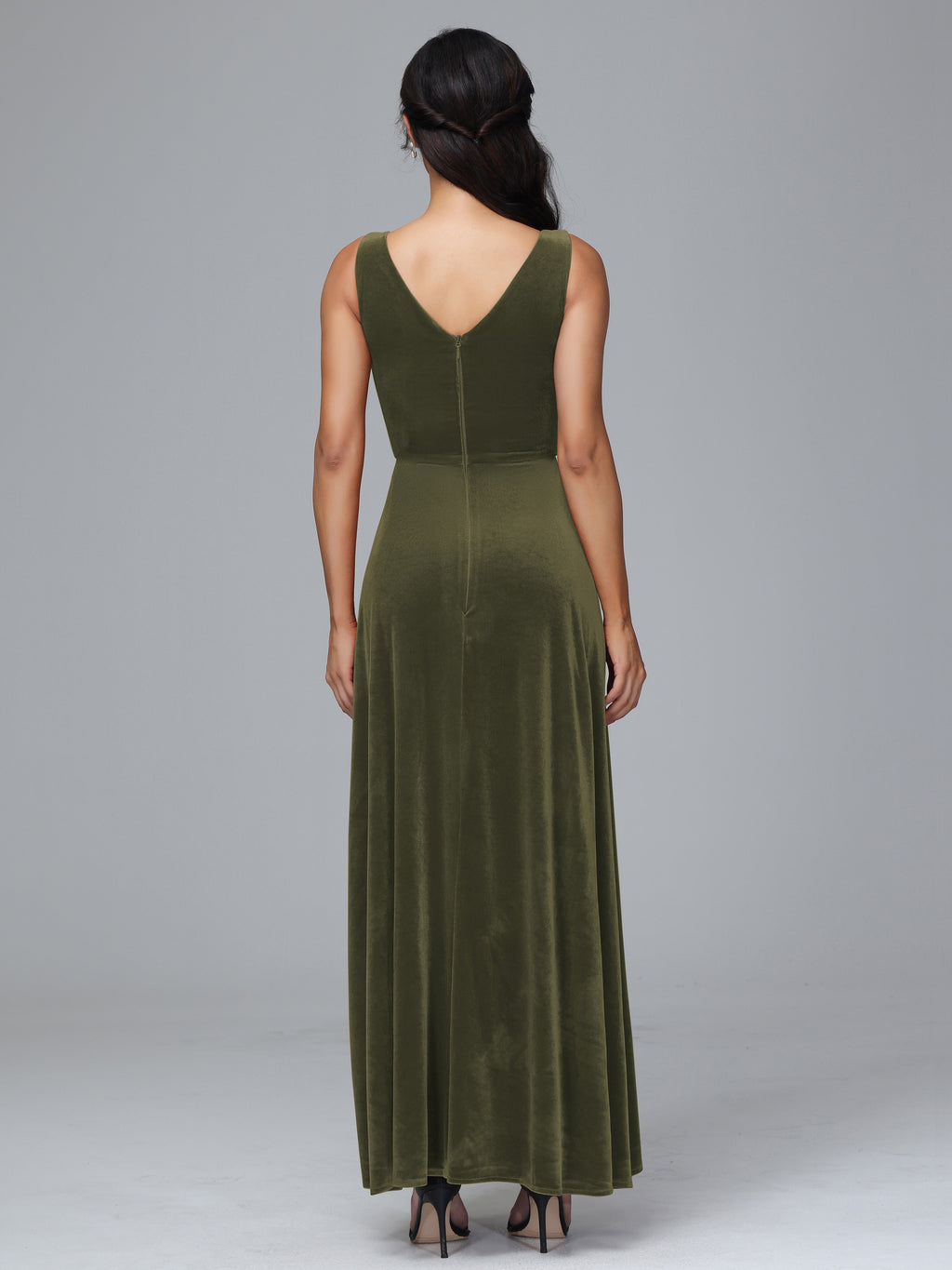 V Neck A Line Velvet Bridesmaid Dress With Slit
