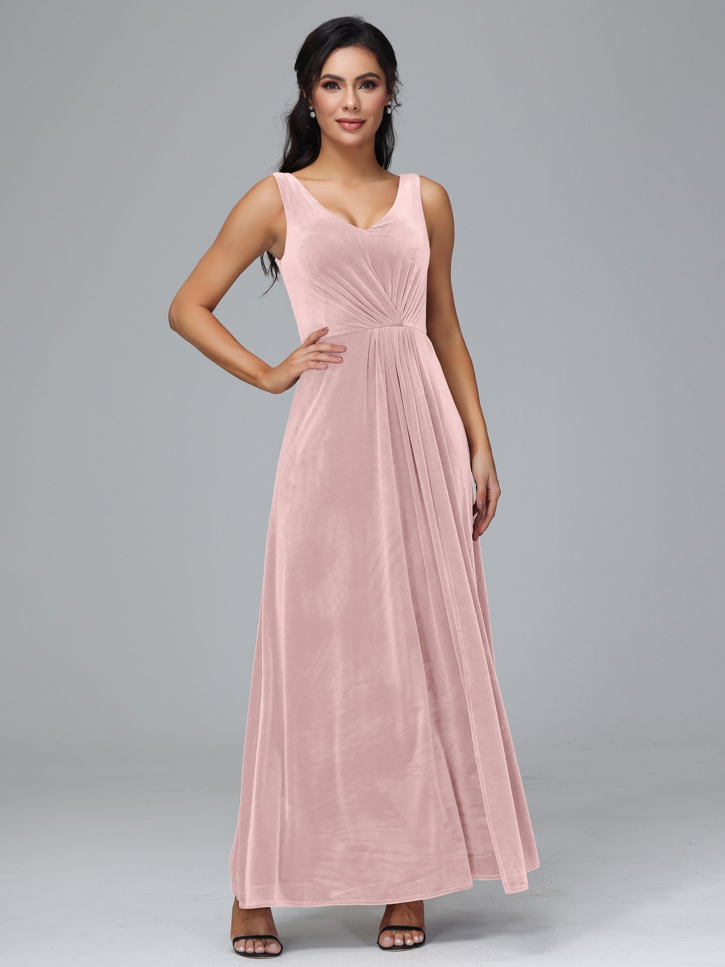 V Neck A Line Velvet Bridesmaid Dress With Slit