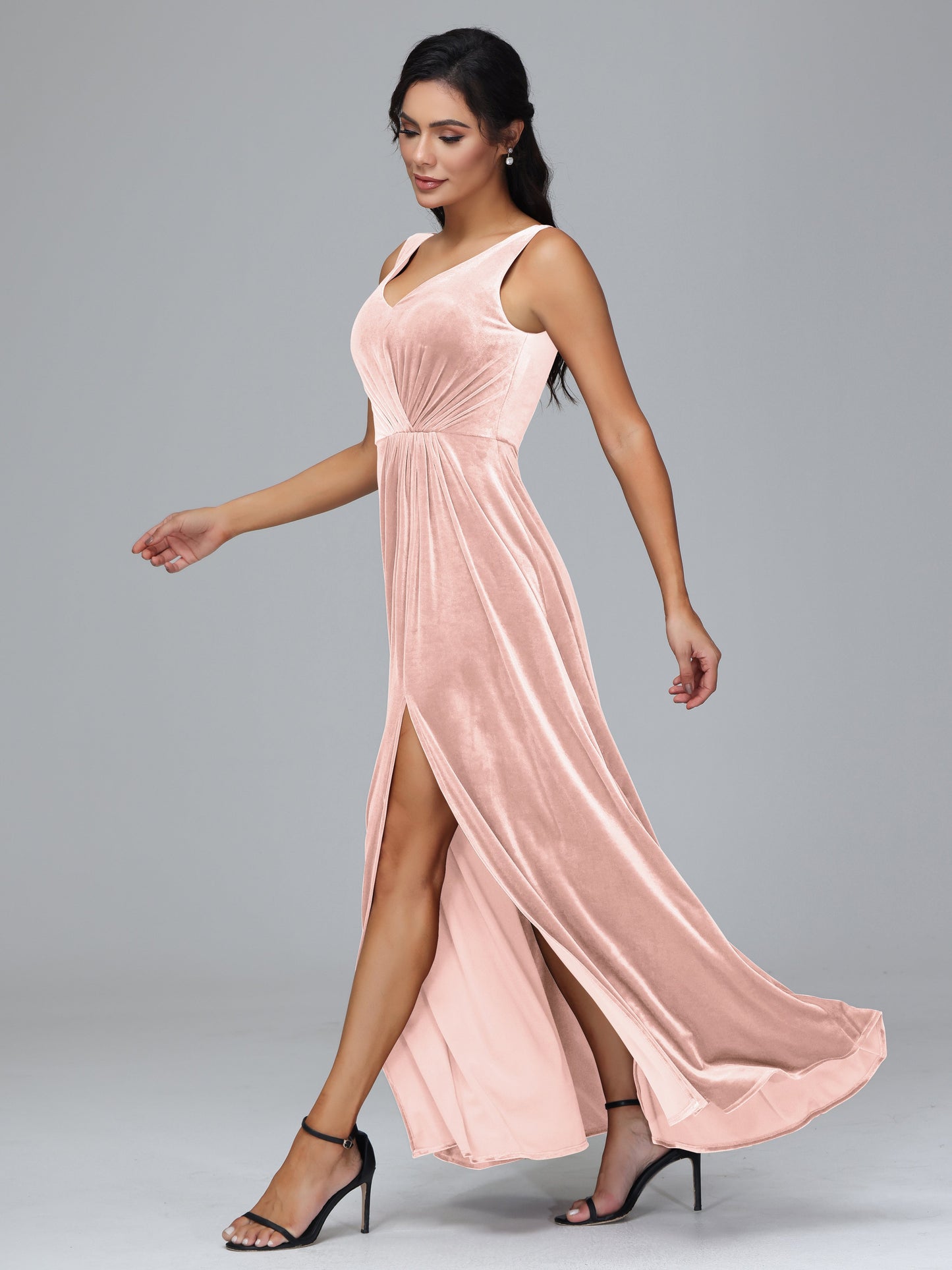 V Neck A Line Velvet Bridesmaid Dress With Slit