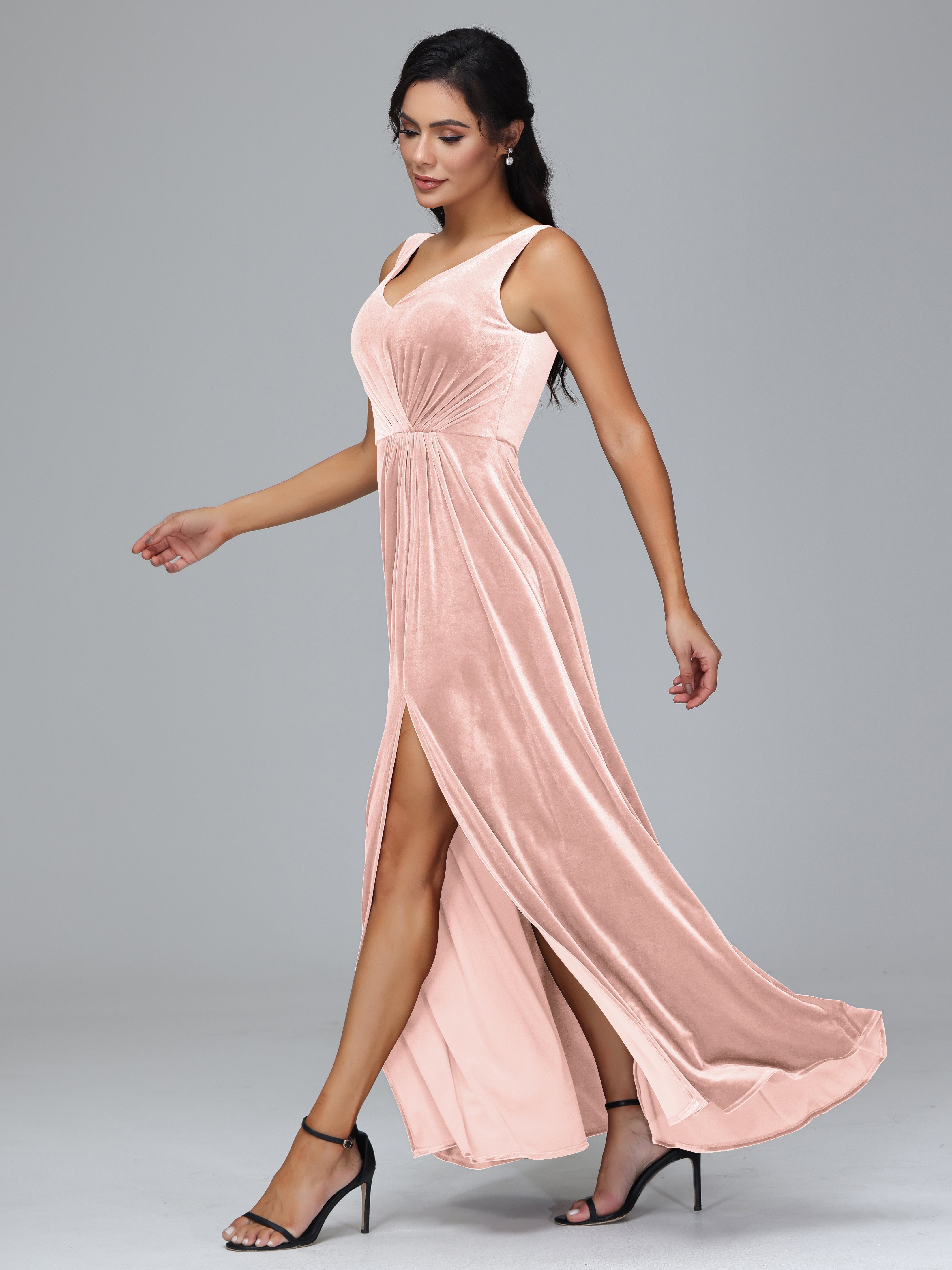 V Neck A Line Velvet Bridesmaid Dress With Slit