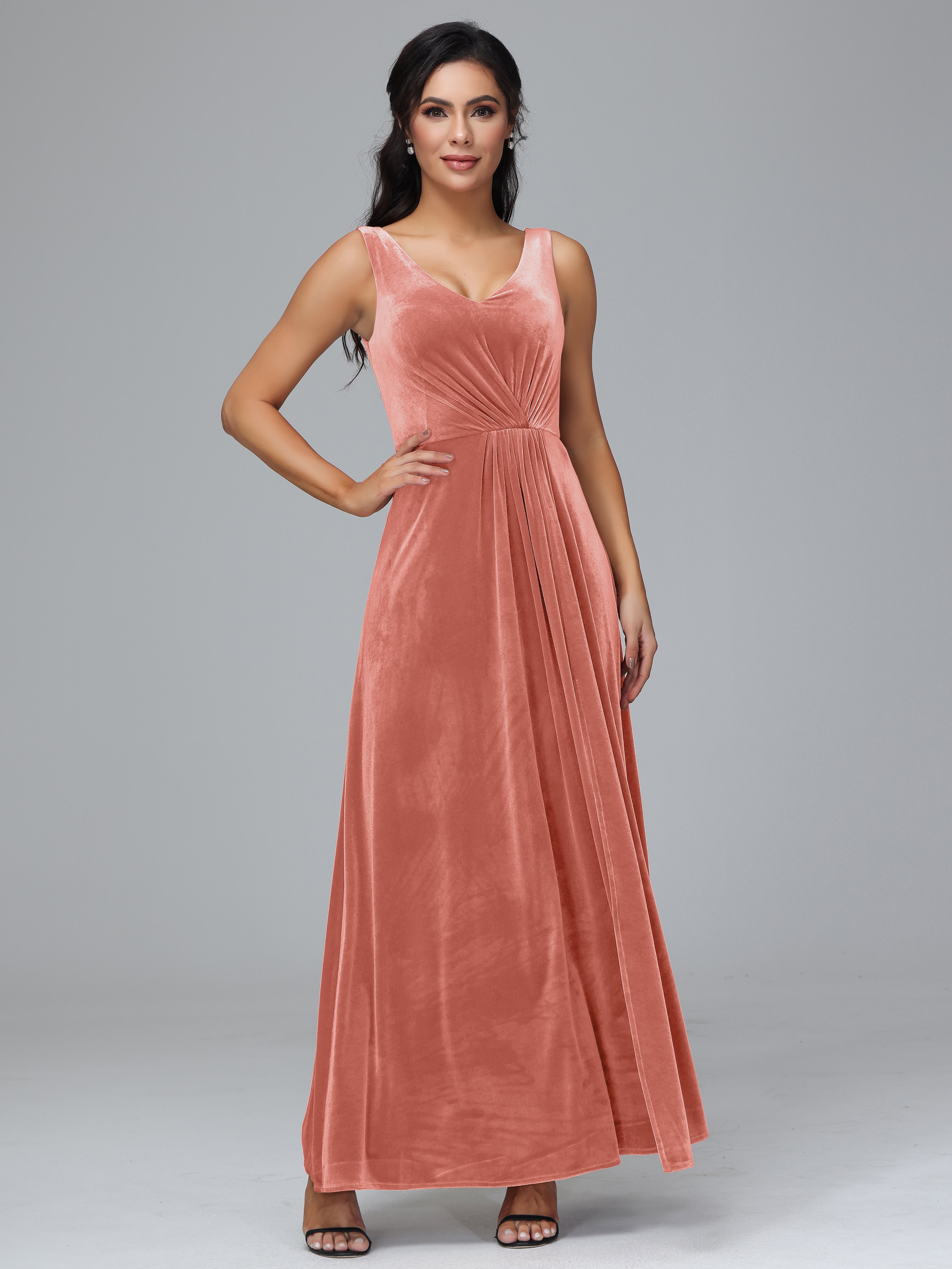 V Neck A Line Velvet Bridesmaid Dress With Slit