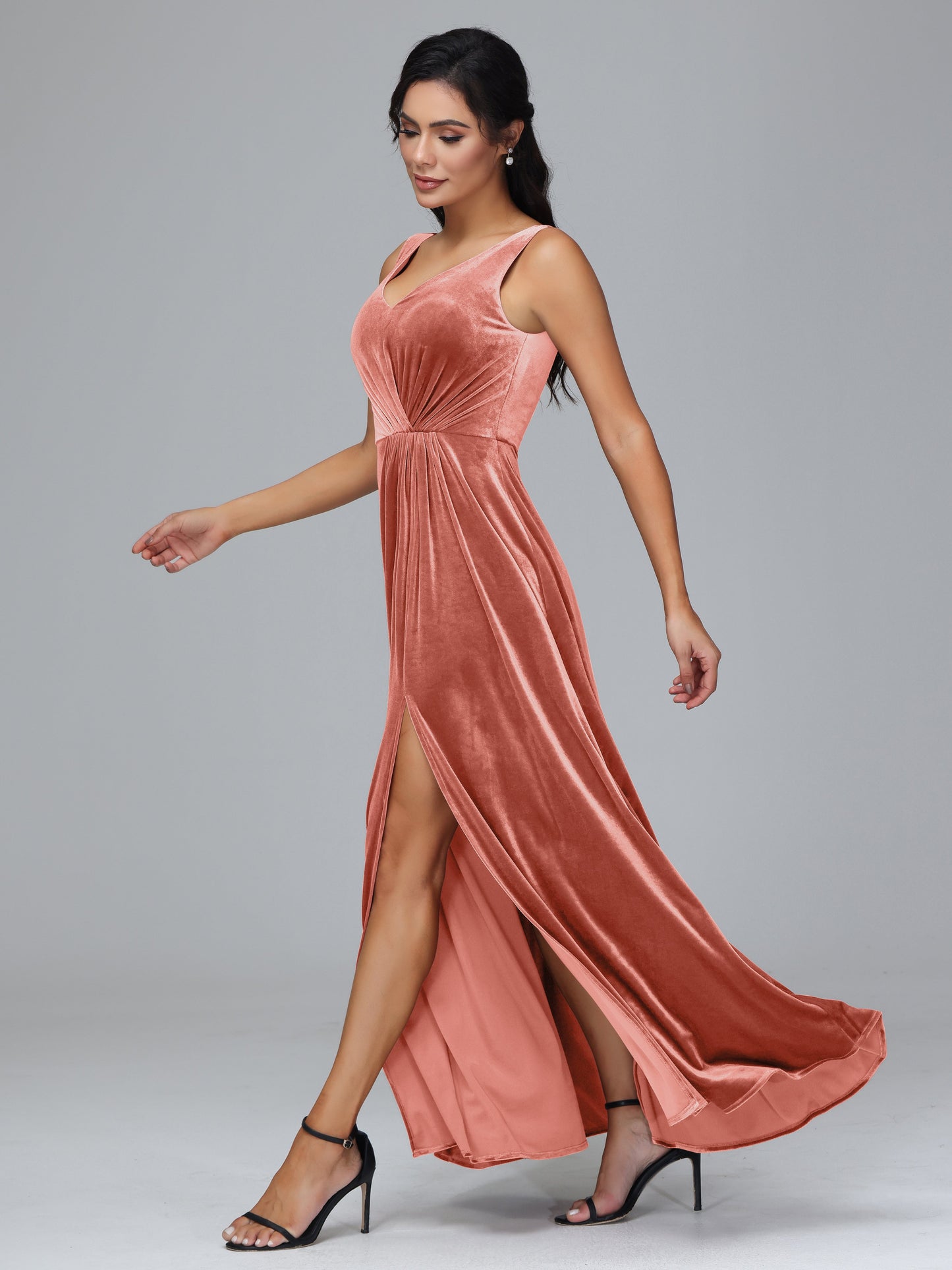 V Neck A Line Velvet Bridesmaid Dress With Slit