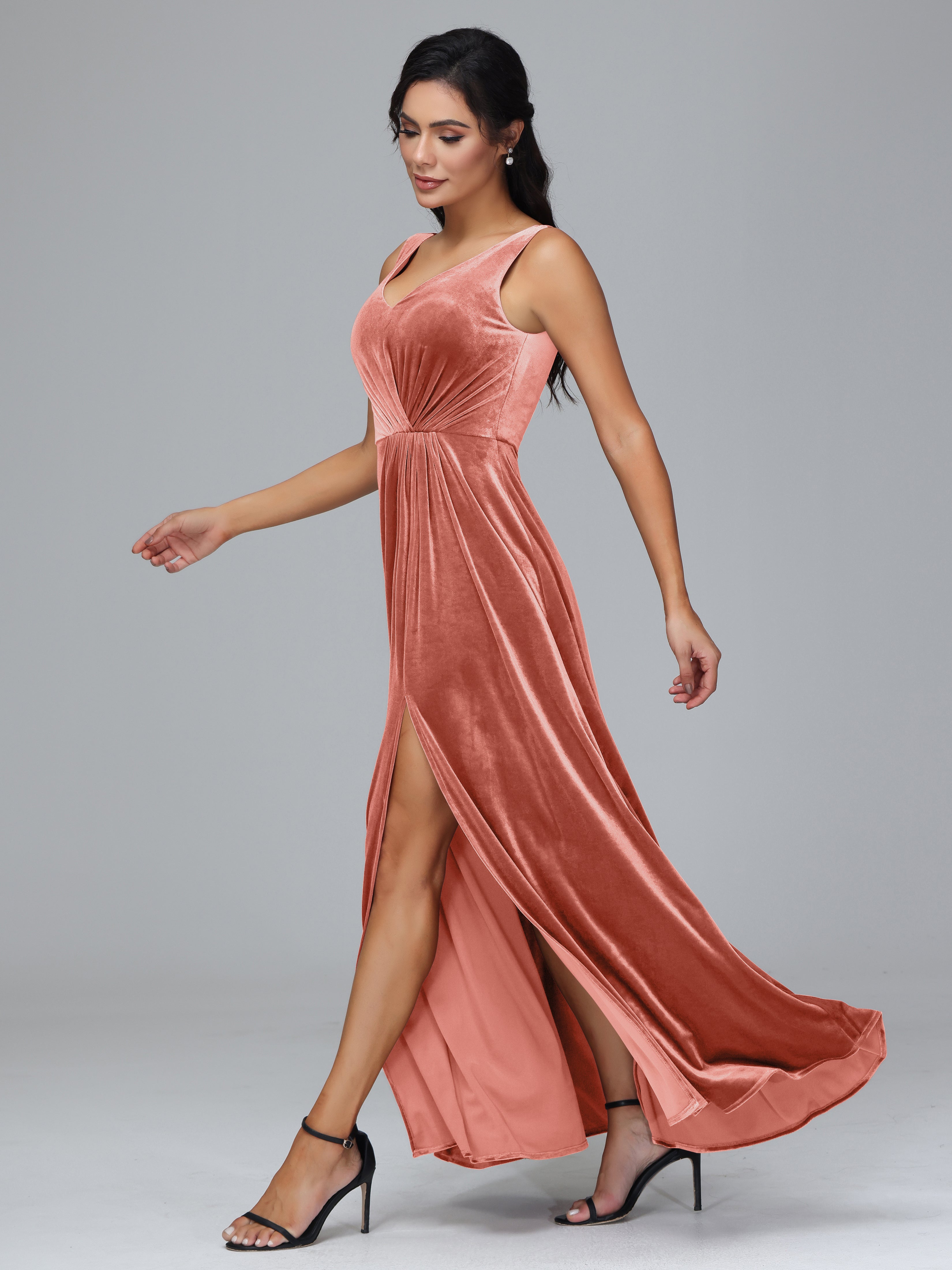 V Neck A Line Velvet Bridesmaid Dress With Slit