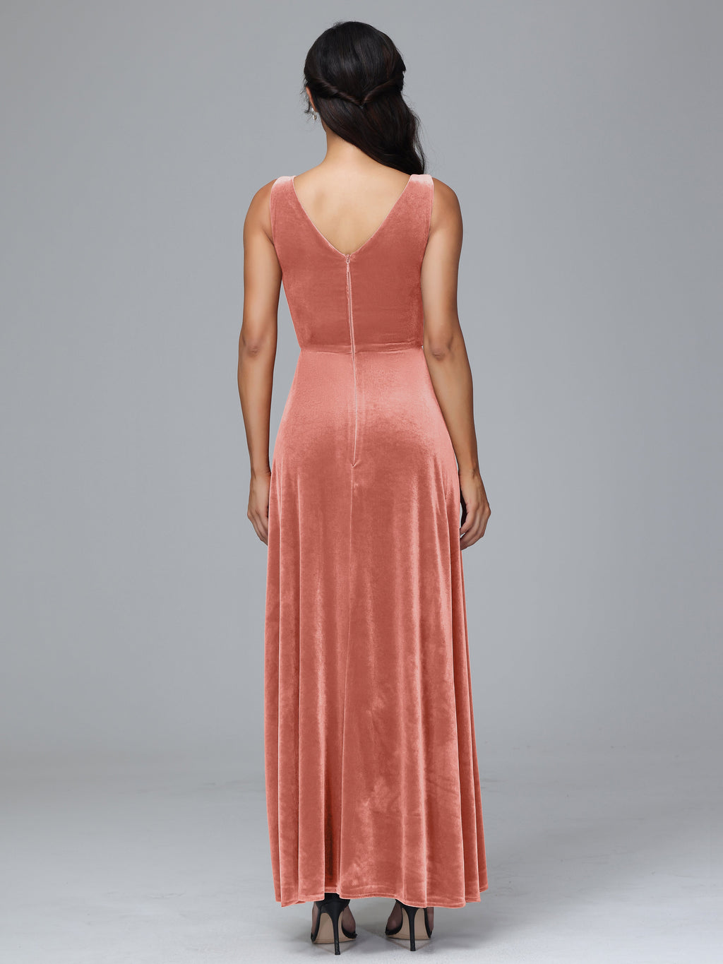 V Neck A Line Velvet Bridesmaid Dress With Slit