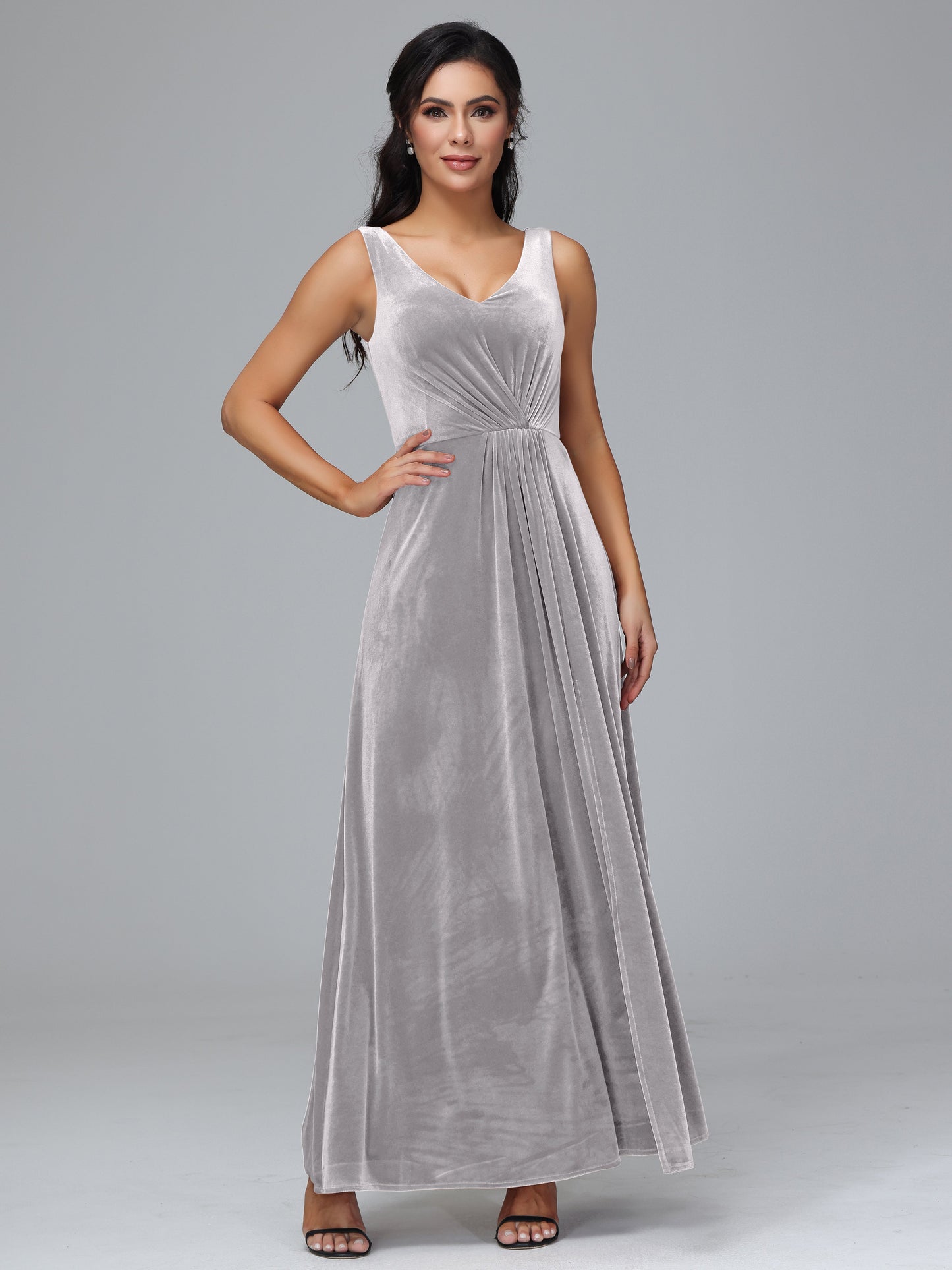 V Neck A Line Velvet Bridesmaid Dress With Slit