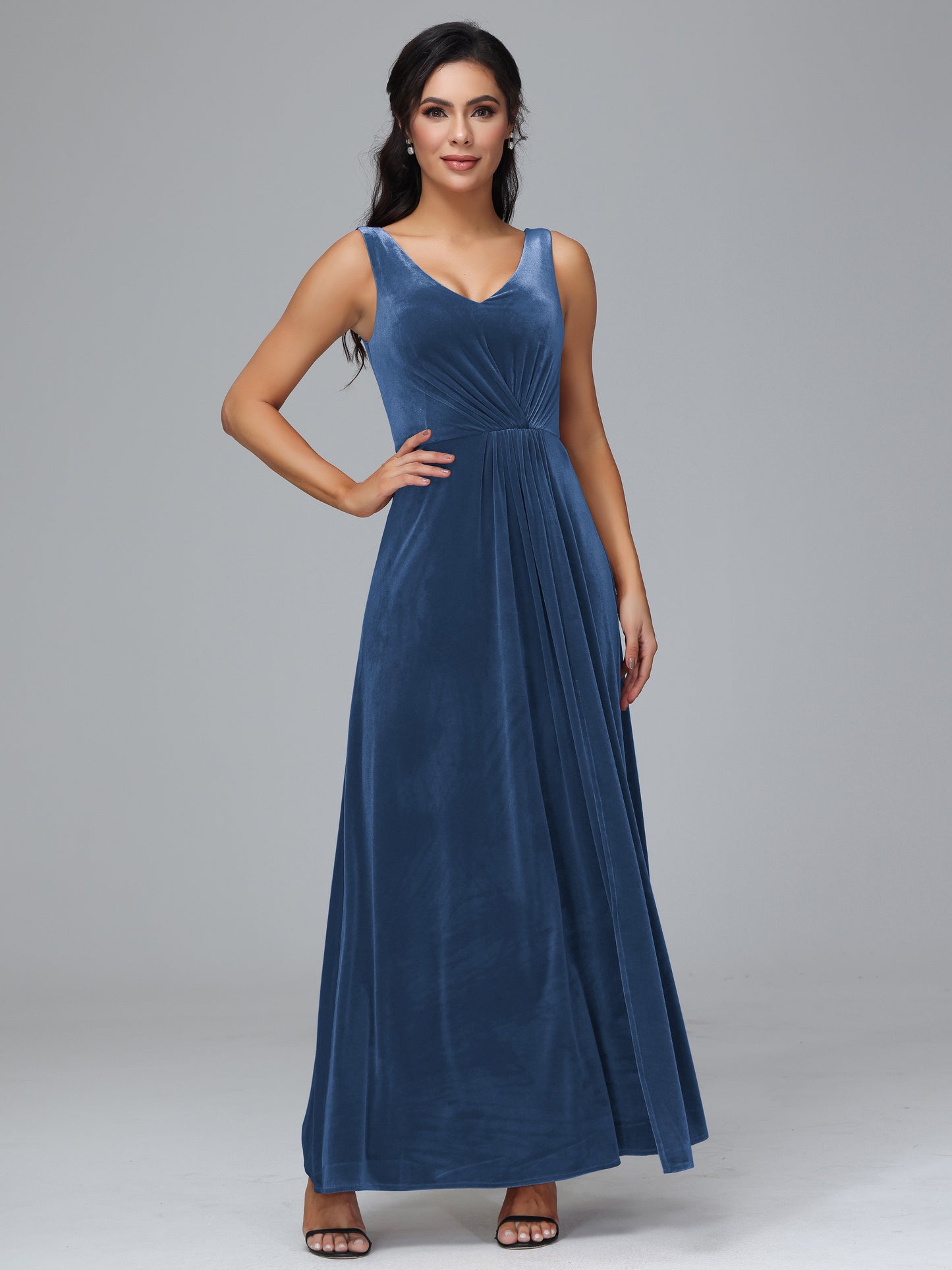 V Neck A Line Velvet Bridesmaid Dress With Slit