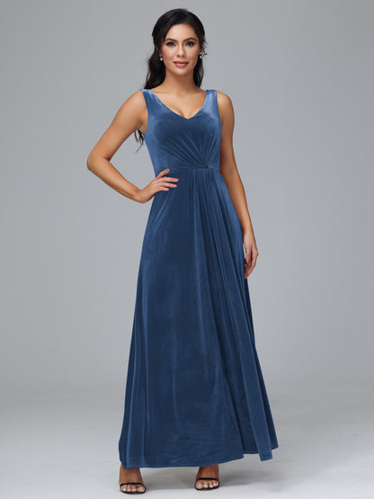 V Neck A Line Velvet Bridesmaid Dress With Slit