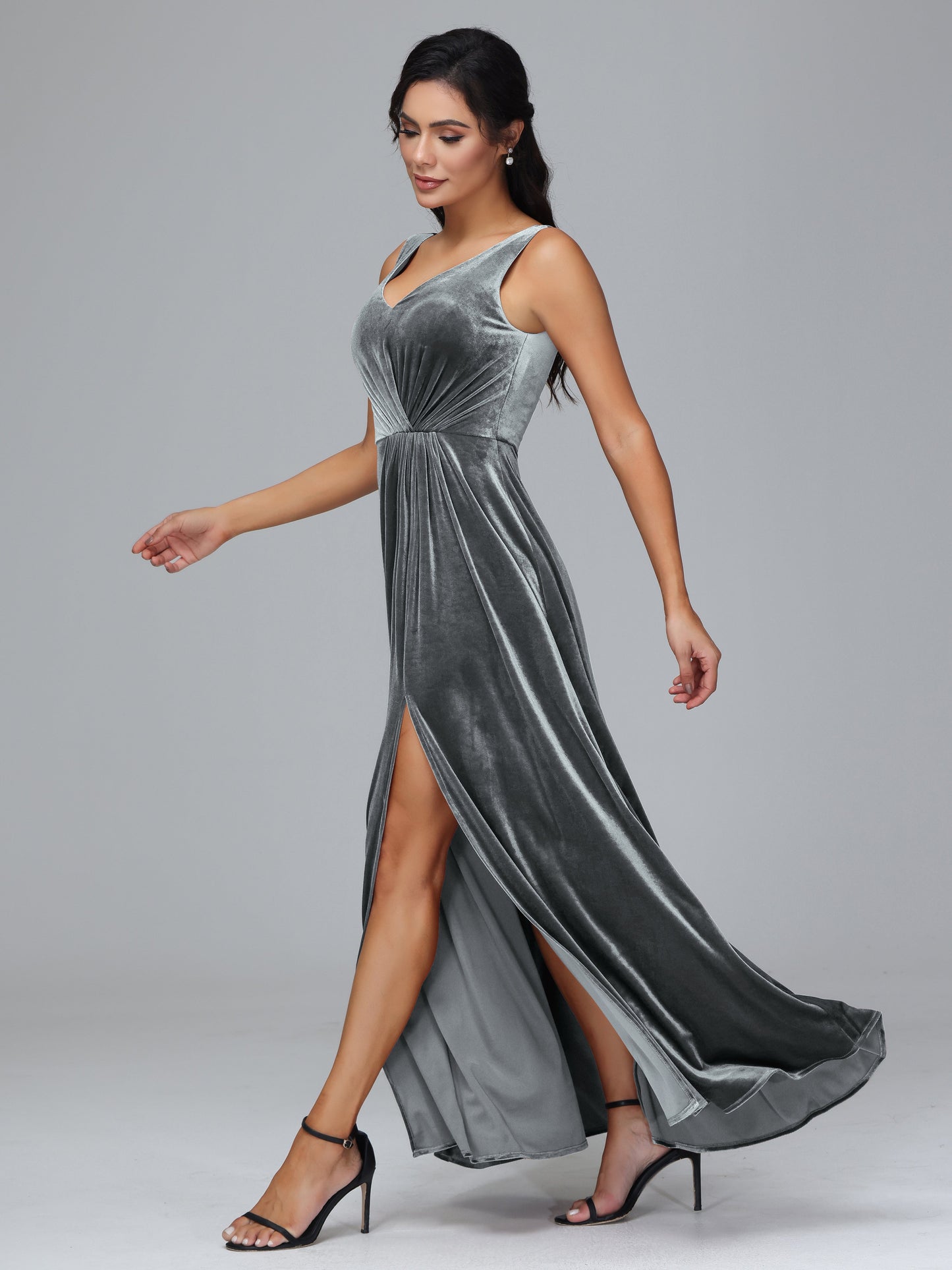 V Neck A Line Velvet Bridesmaid Dress With Slit