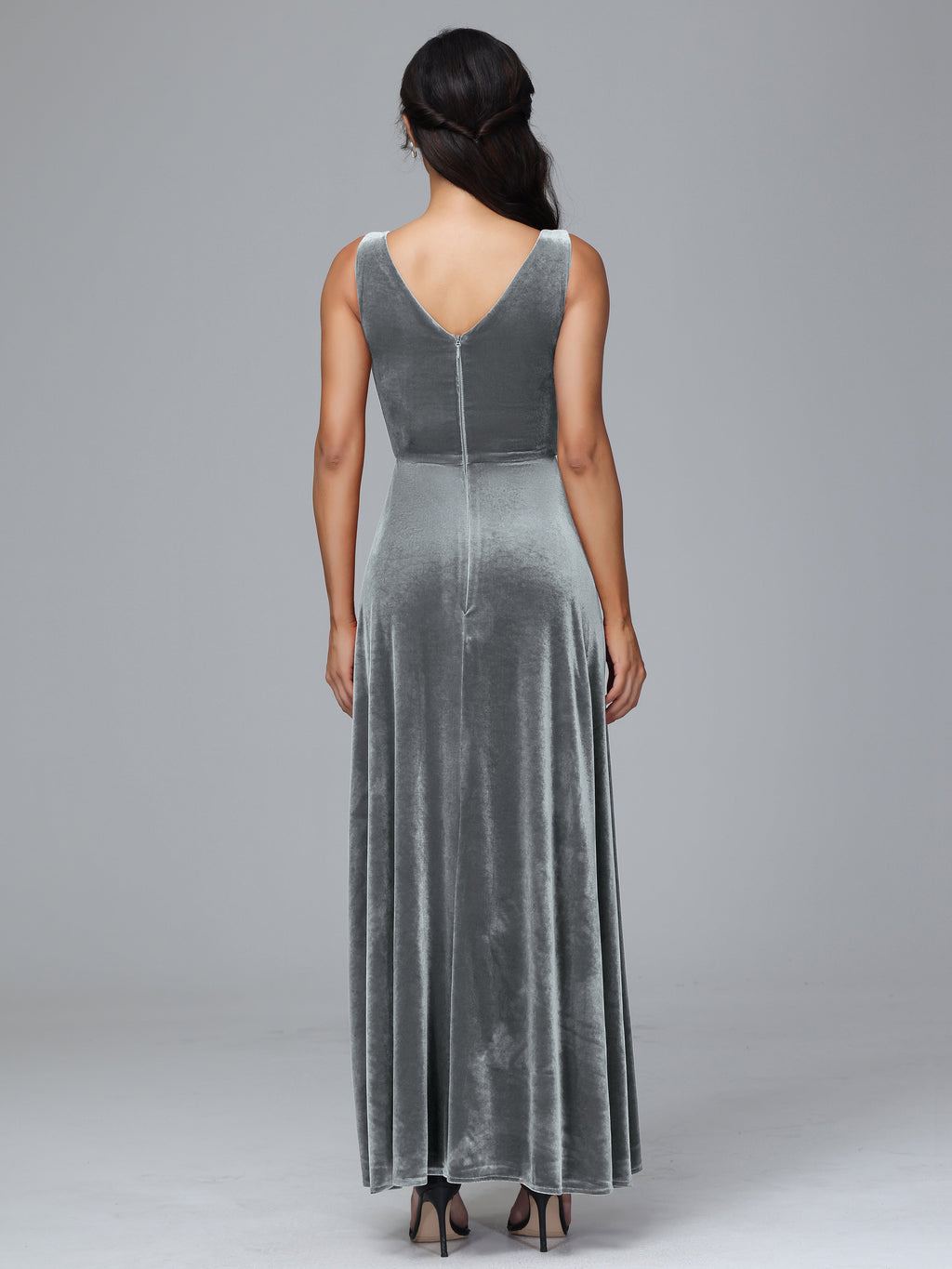 V Neck A Line Velvet Bridesmaid Dress With Slit