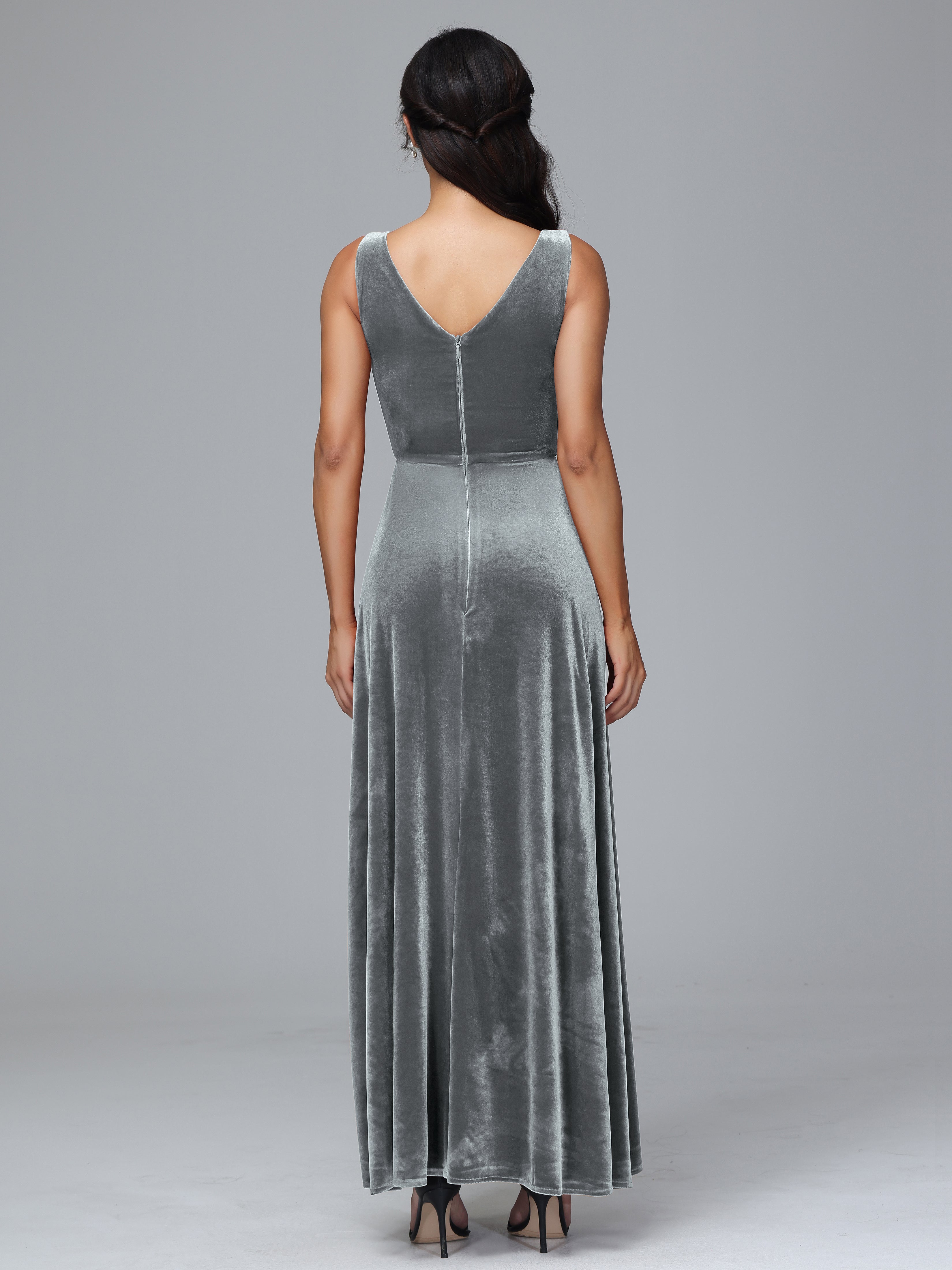 V Neck A Line Velvet Bridesmaid Dress With Slit