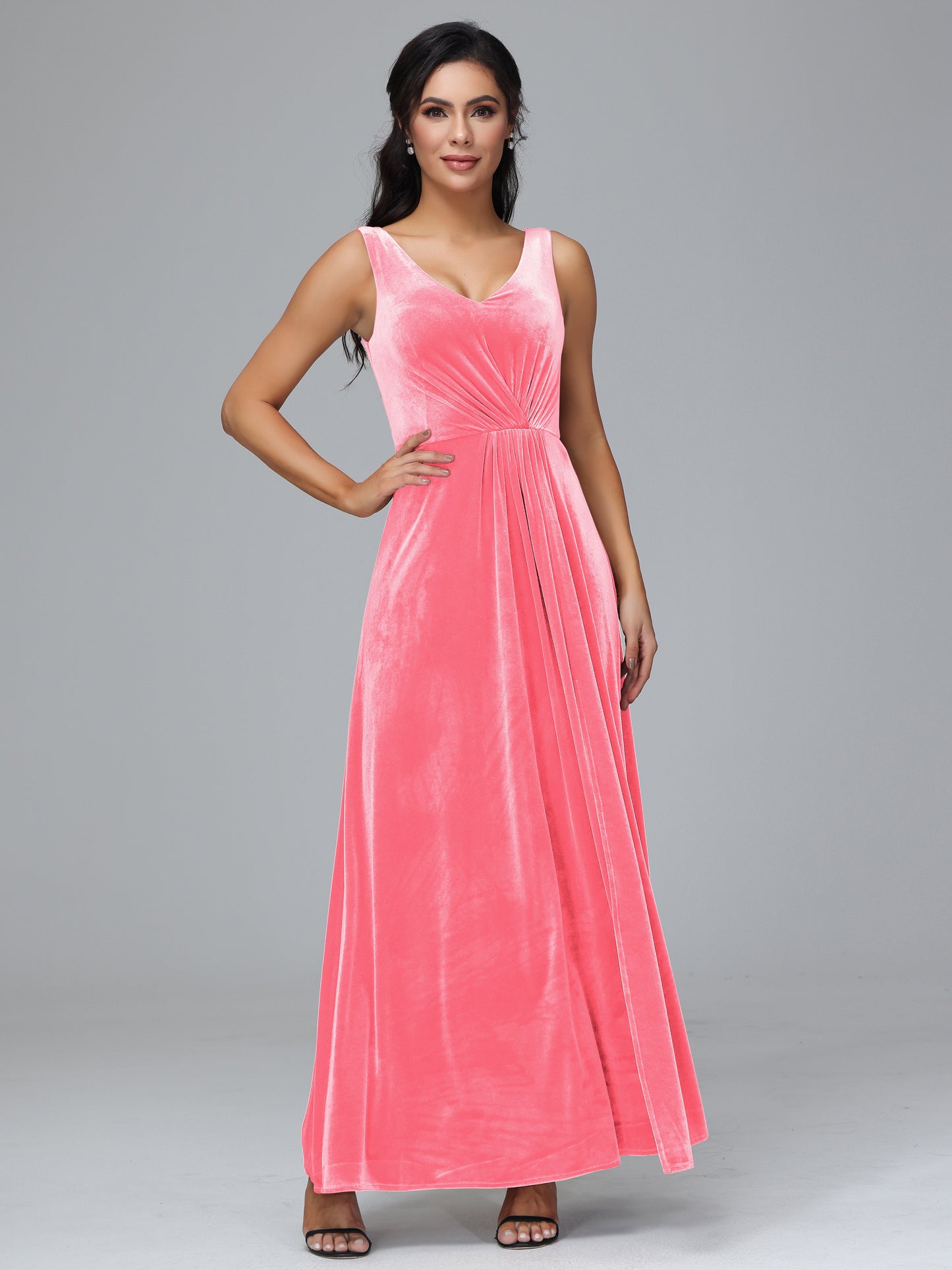 V Neck A Line Velvet Bridesmaid Dress With Slit