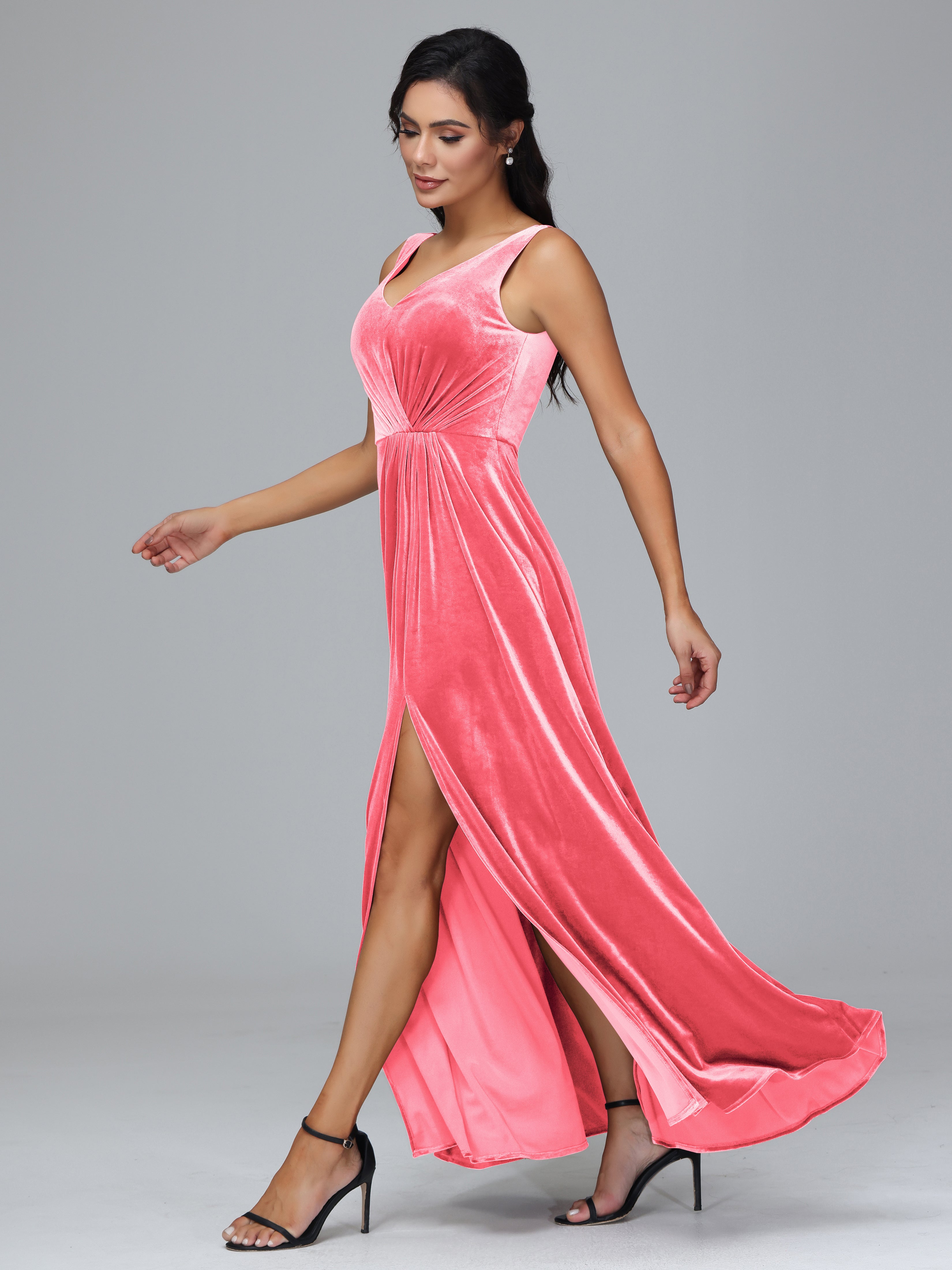 V Neck A Line Velvet Bridesmaid Dress With Slit