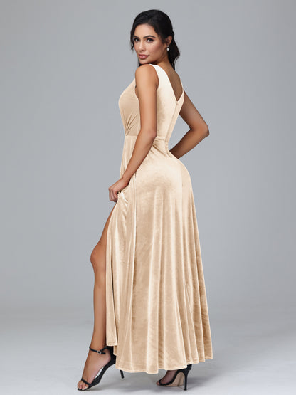 V Neck A Line Velvet Bridesmaid Dress With Slit
