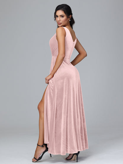 V Neck A Line Velvet Bridesmaid Dress With Slit